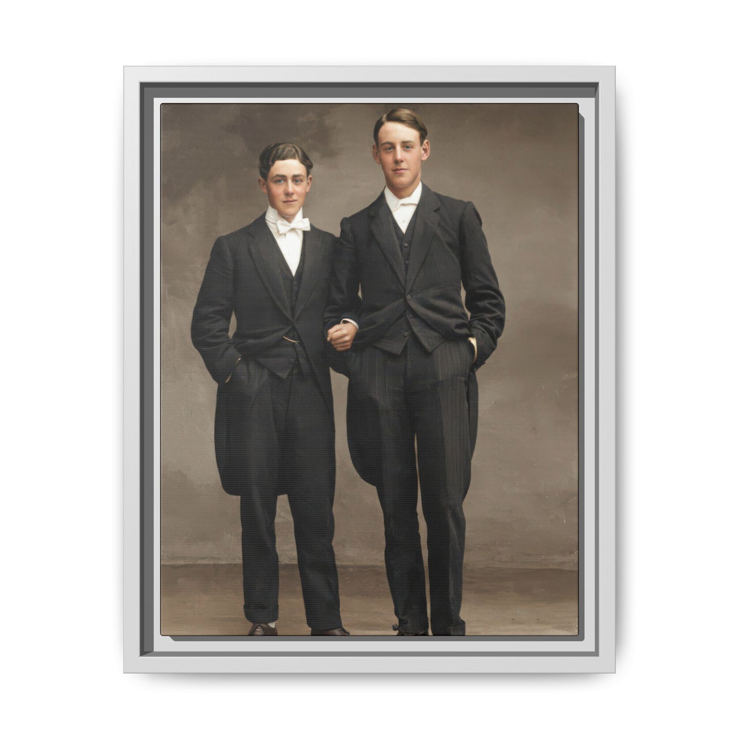 Historical standing portrait framed canvas wall art with neutral backdrop