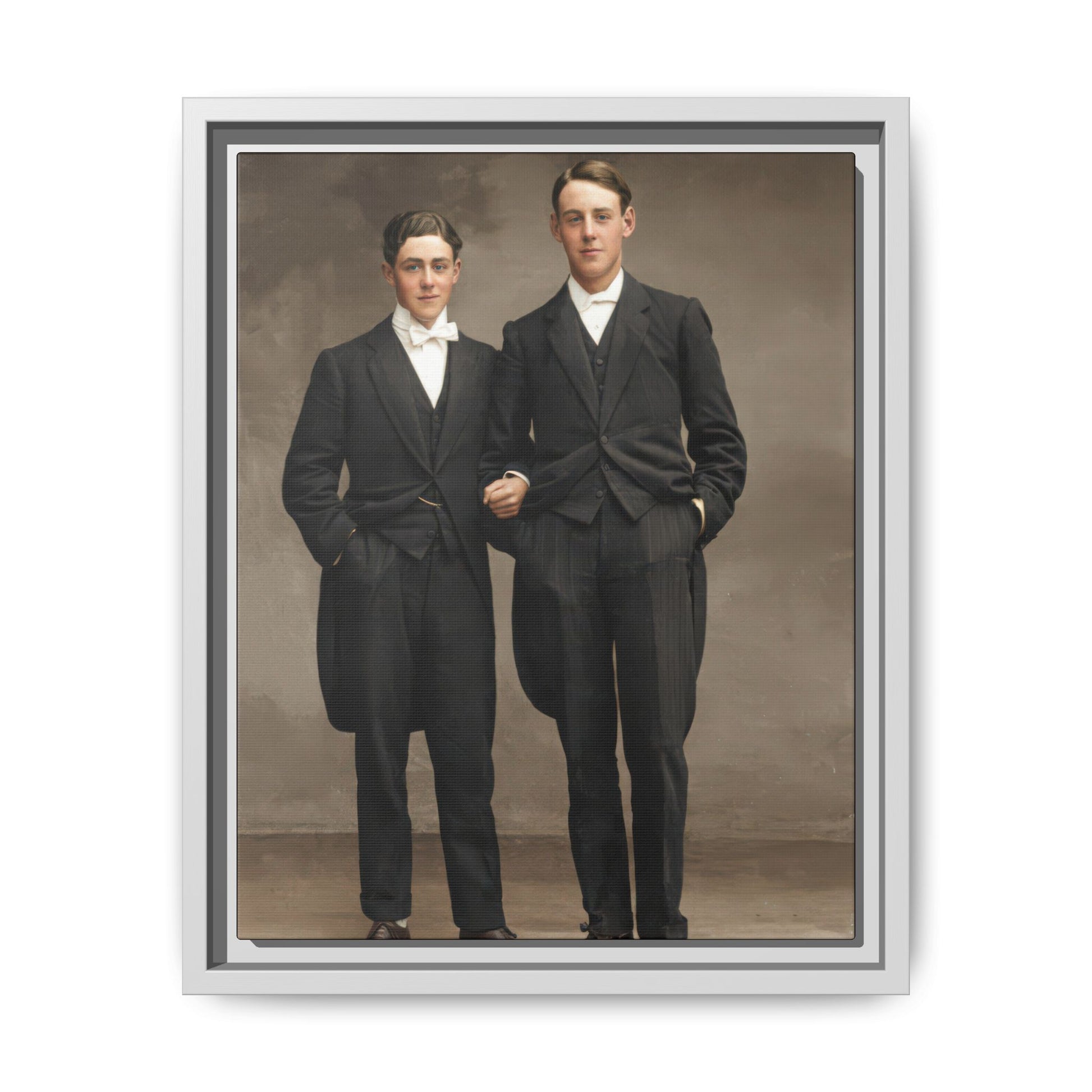 Historical standing portrait framed canvas wall art with neutral backdrop