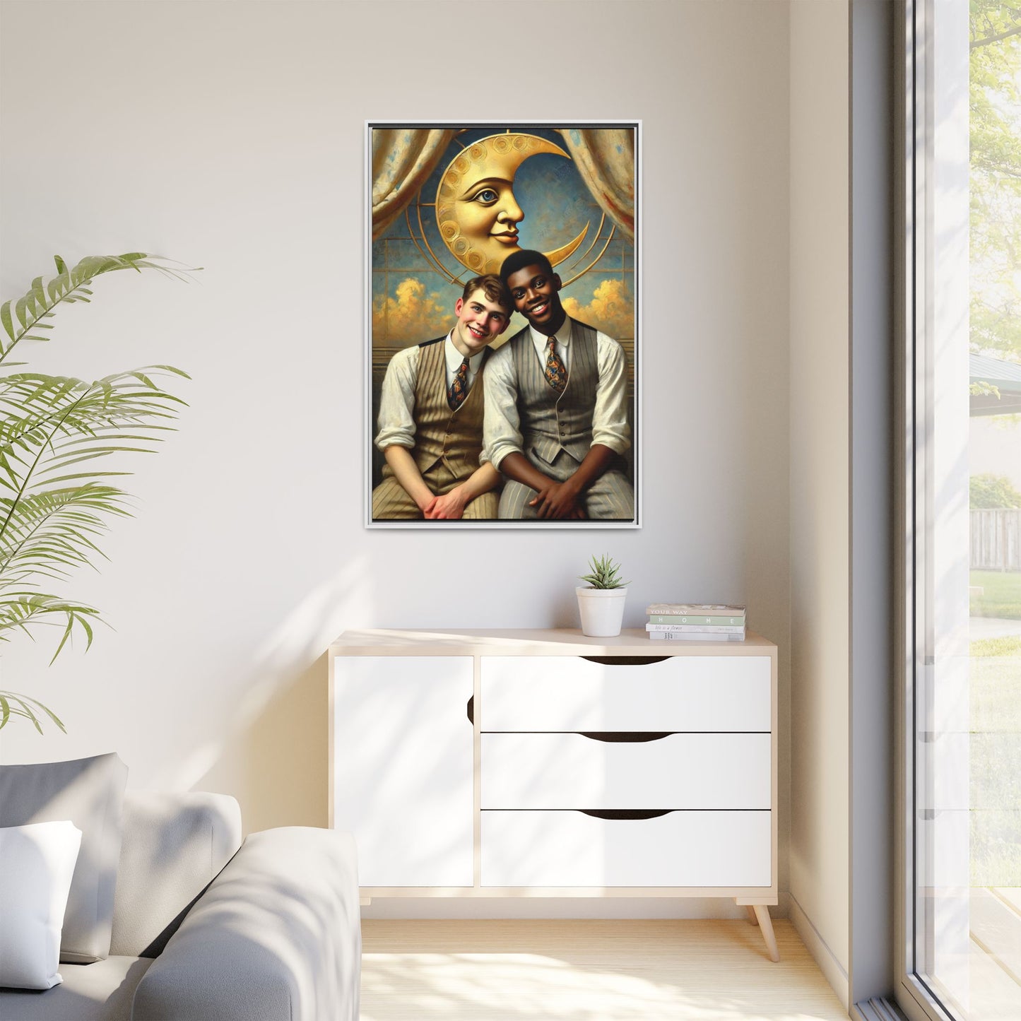A vintage-style artwork showing a young interracial gay couple in 1920s attire sitting beneath a golden crescent moon with a serene expression. Their joyful closeness reclaims erased queer history and reflects the beauty of interracial love through a lens of tenderness and celebration.