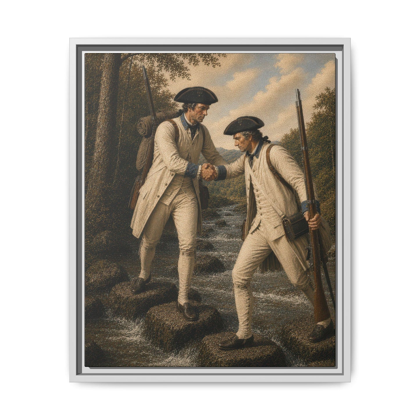 Fine art canvas inspired by the American Revolution featuring French Expédition Particulière soldiers in a quiet moment of mutual assistance.