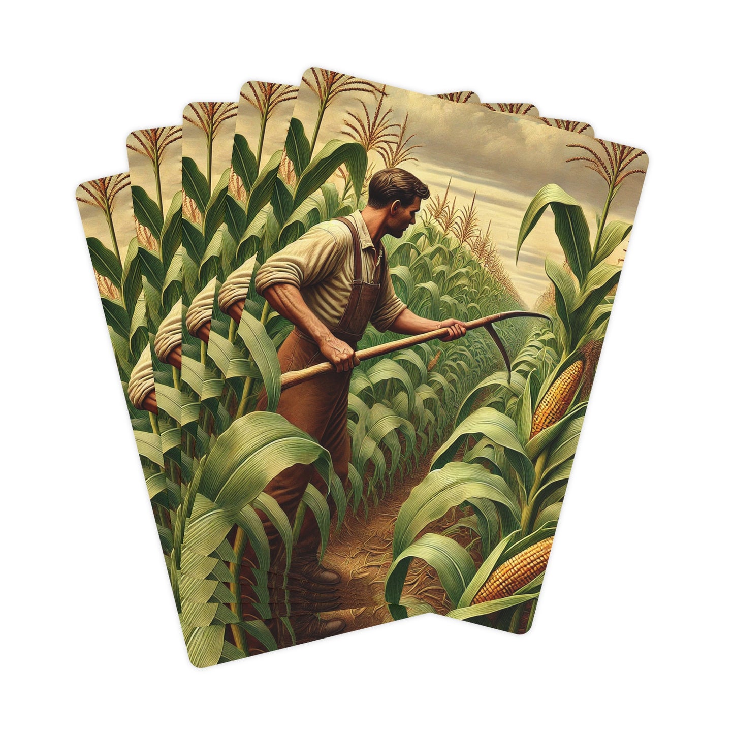 Poker cards featuring a Grant Wood-inspired rural design with a farmer in a golden cornfield under an overcast sky.