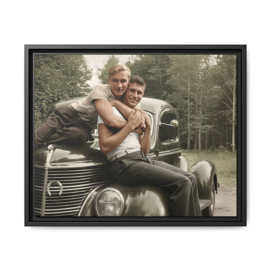 mid century double portrait with vintage car framed canvas wall art