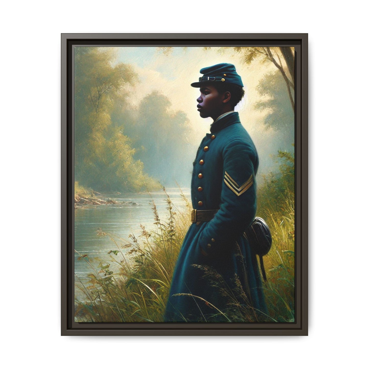 Portrait of an African American Union soldier standing solemnly by a riverside, inspired by Walt Whitman’s Leaves of Grass and Drum-Taps, honoring sacrifice, resilience, and history. Grant Wood Inspired