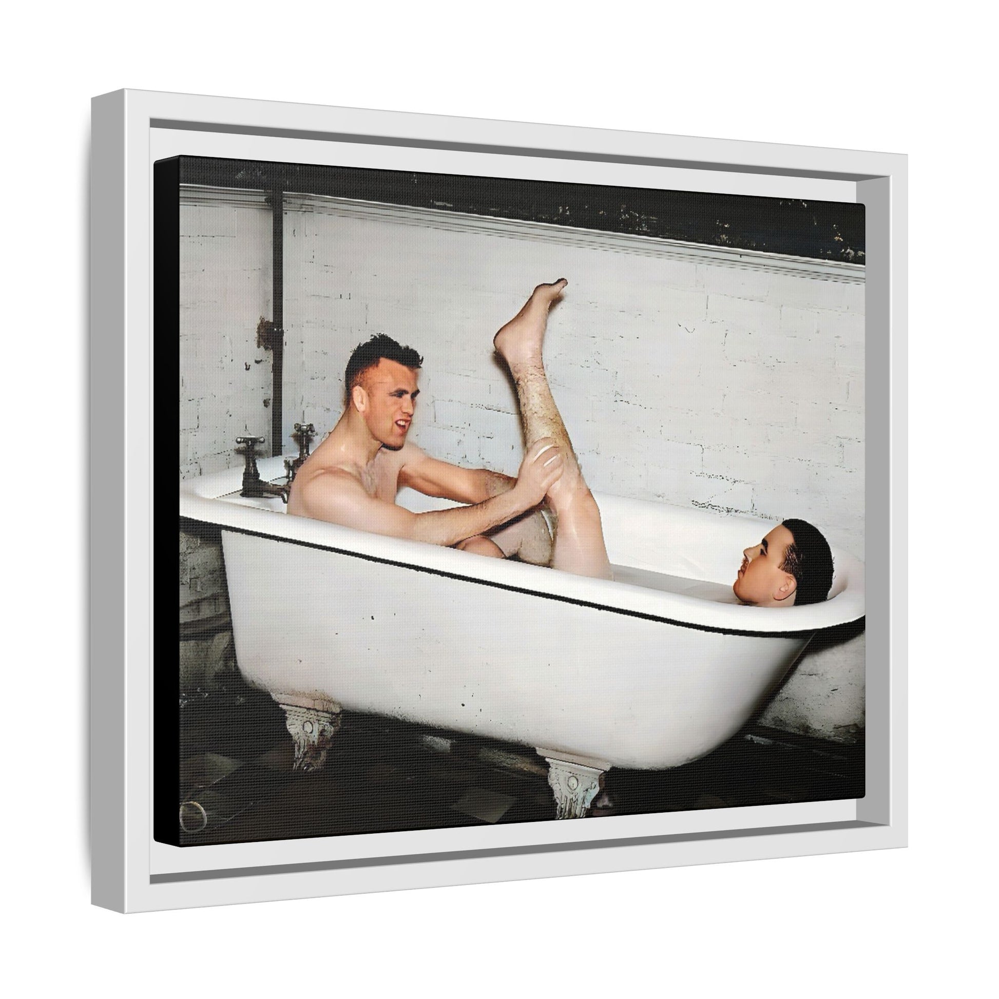 Restored vintage photo of Leon & Michael, a playful gay couple in a clawfoot bathtub, early 20th century, framed canvas.