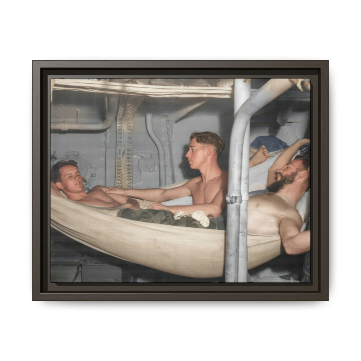 Hommes 004 image for framed matte canvas, showing pale hammocks curving across a compact interior with metal fittings and partially visible additional figures.