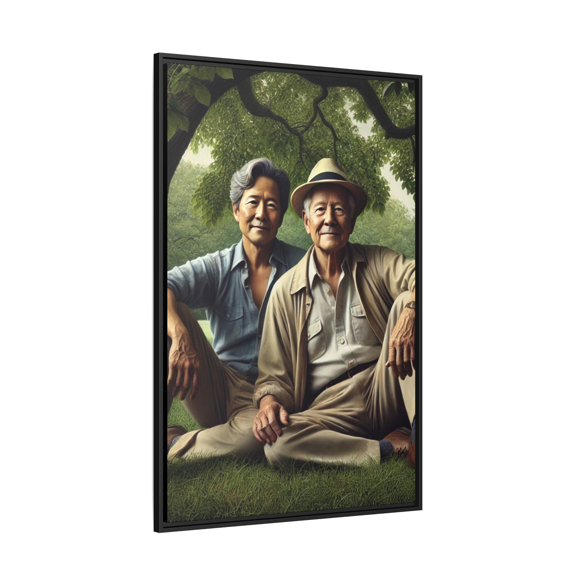 Hyper-realistic painting of an elderly Asian-American gay couple in 1930s attire under a leafy tree, celebrating love and resilience.