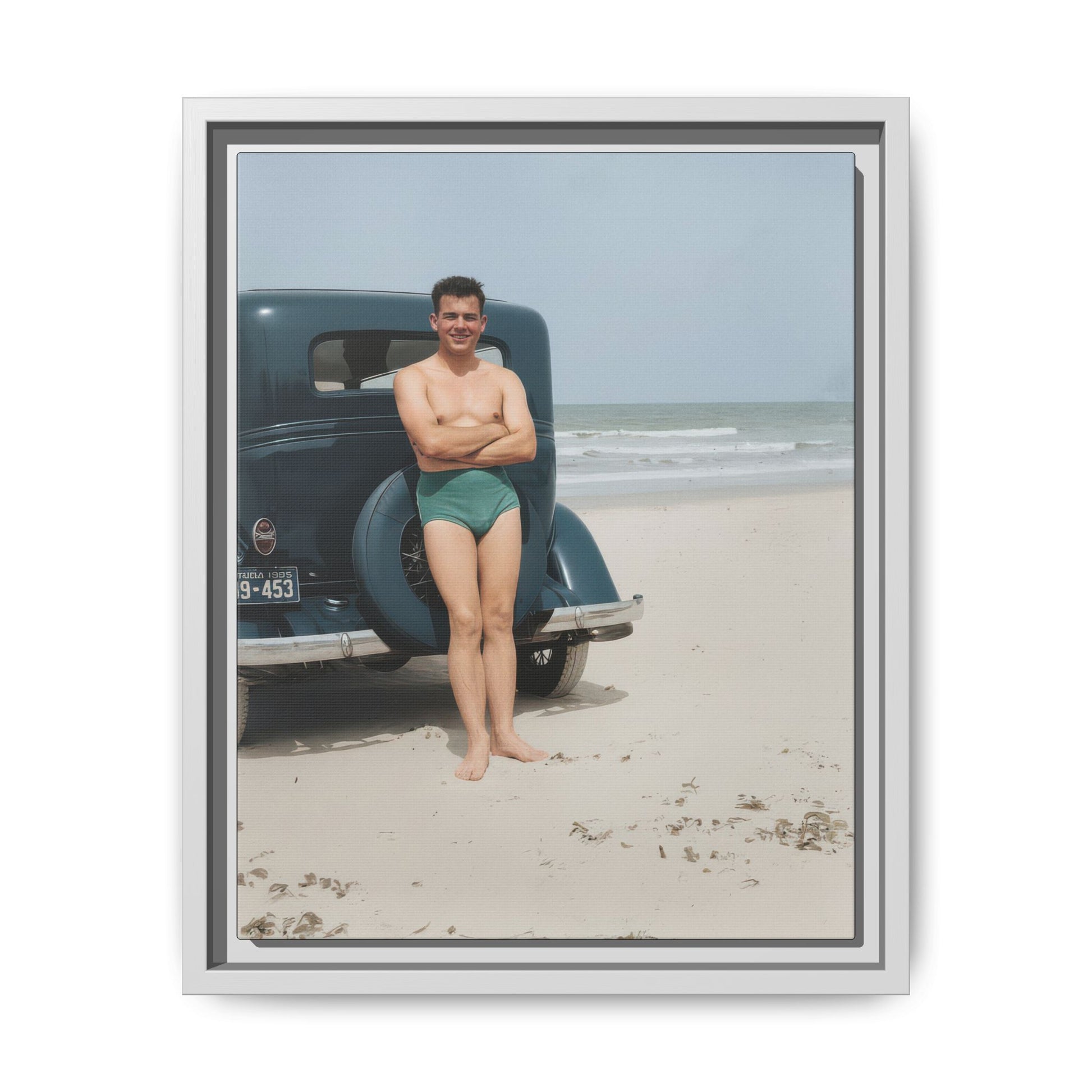 Historical coastal snapshot reproduced as archival canvas wall art with figure and early automobile 