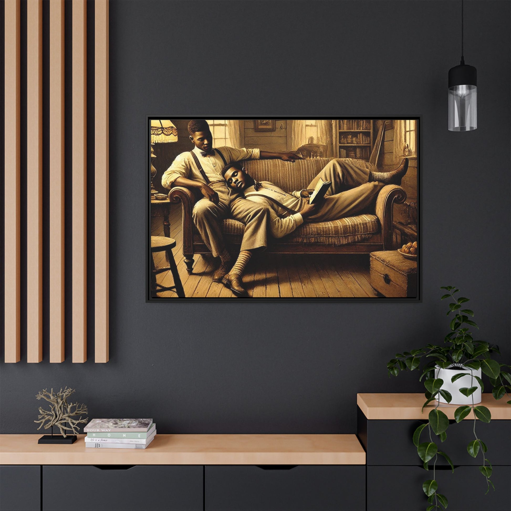 Framed artwork of an African-American gay couple sharing an intimate moment on a rustic sofa, inspired by Grant Wood’s style