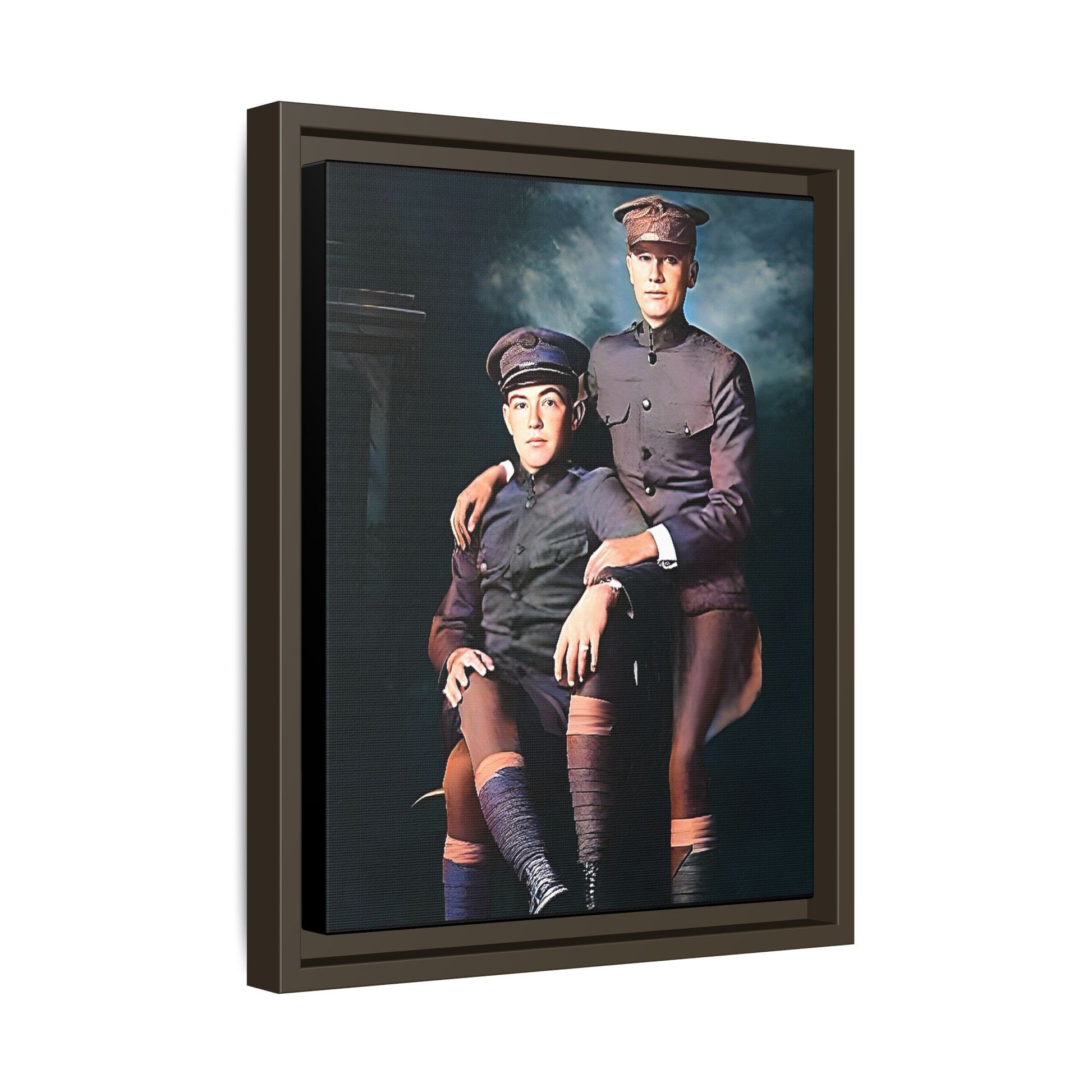 Restored WWI-era photo of Frederick & Hugh, gay soldiers seated together in Providence, Rhode Island, framed canvas art.