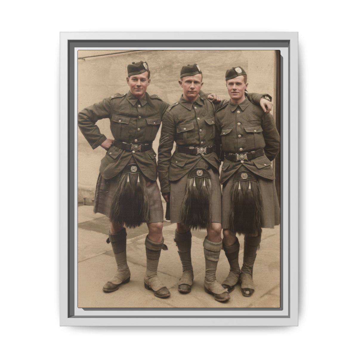 Full-length historical group portrait with buttoned tunics, leather belts, and kilts, reproduced as hommes 014 framed matte canvas.