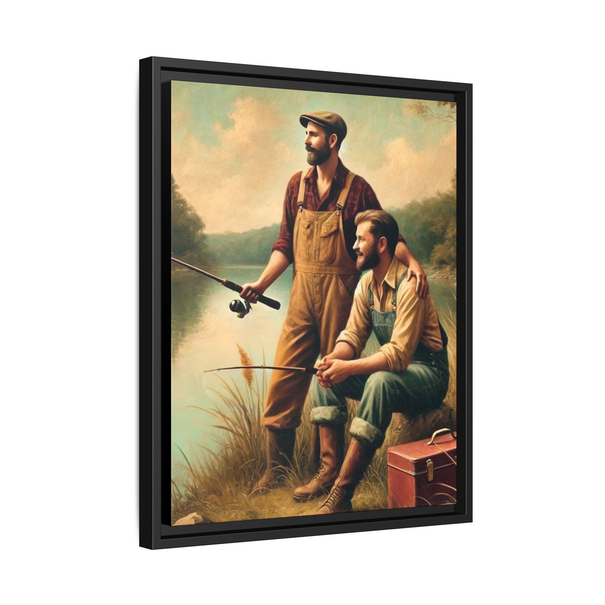 Vintage-style artwork of a gay couple fishing at a serene lakeside in the 1930s, celebrating love and rural life