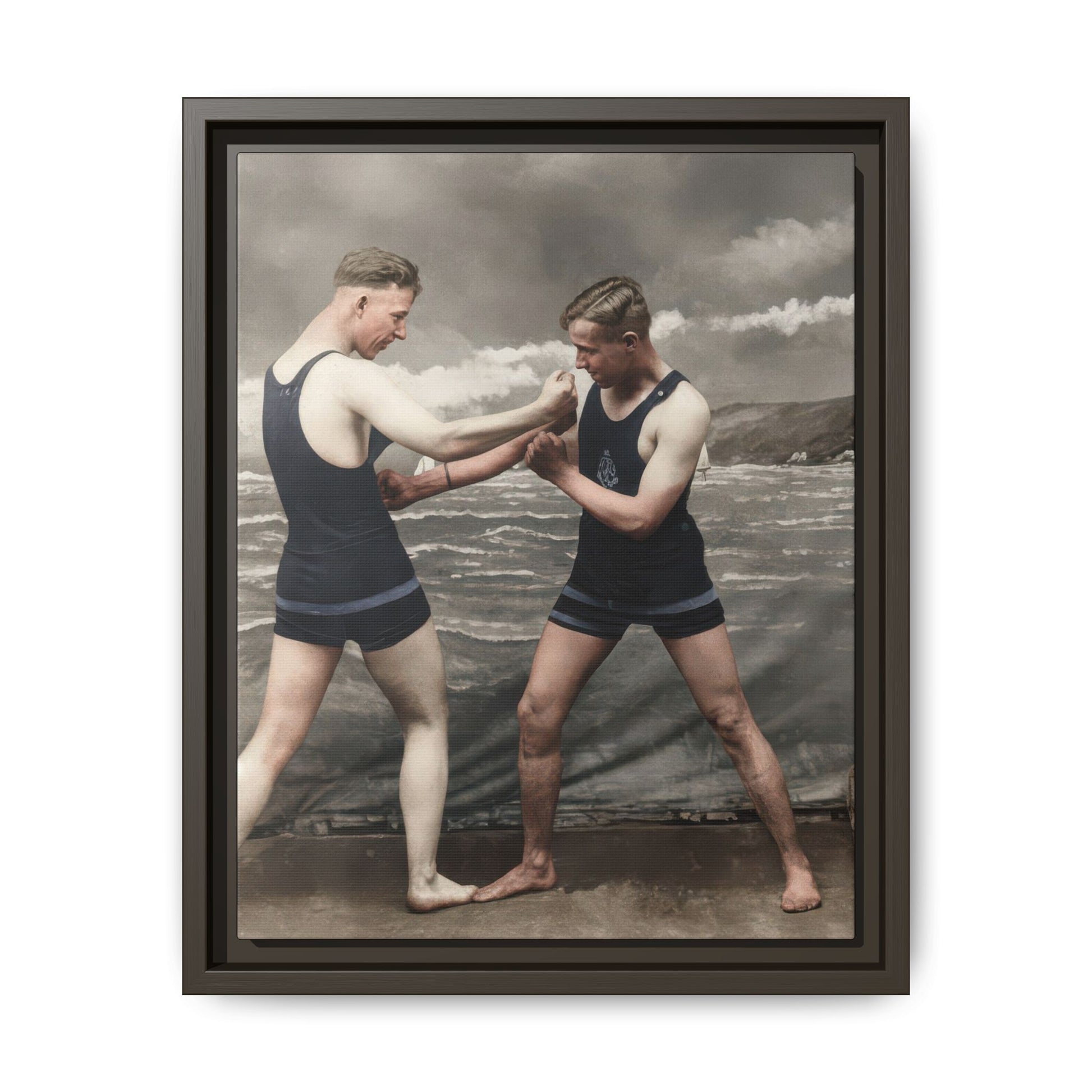 Framed matte canvas wall art showing an early 20th-century staged seaside portrait 