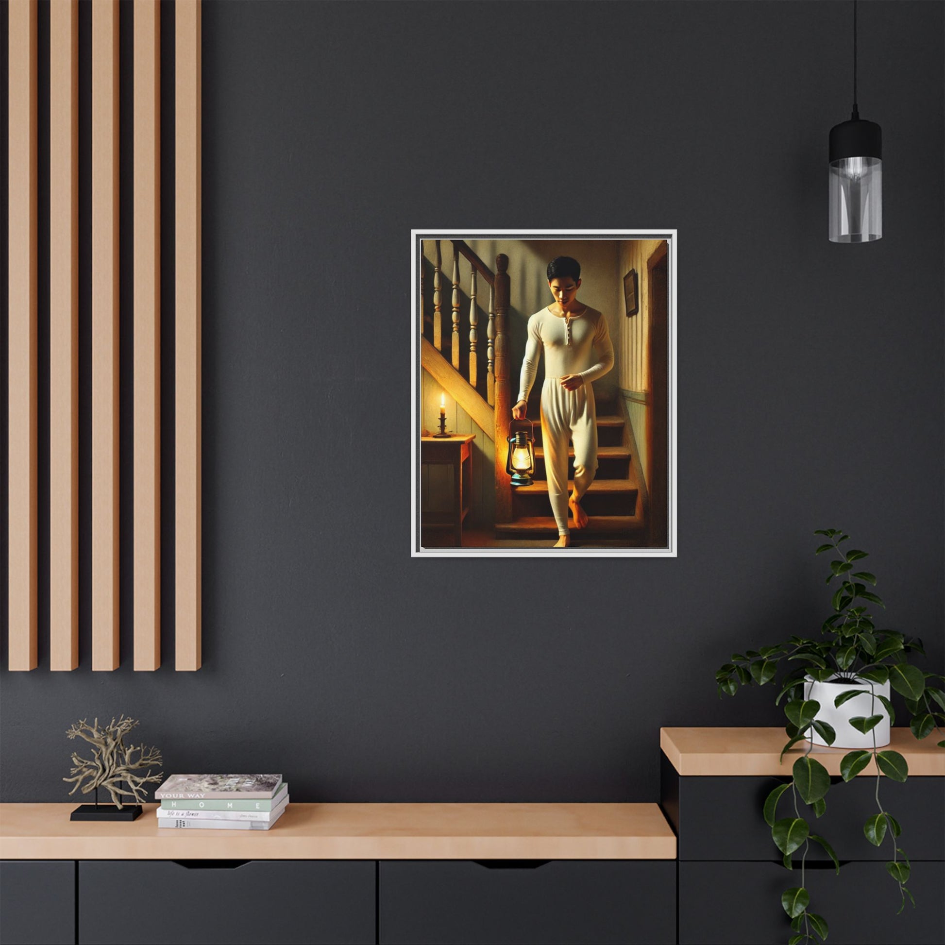 Framed artwork of an Asian-American man wearing long johns underwear holding a lantern on a staircase, inspired by Grant Wood’s style.