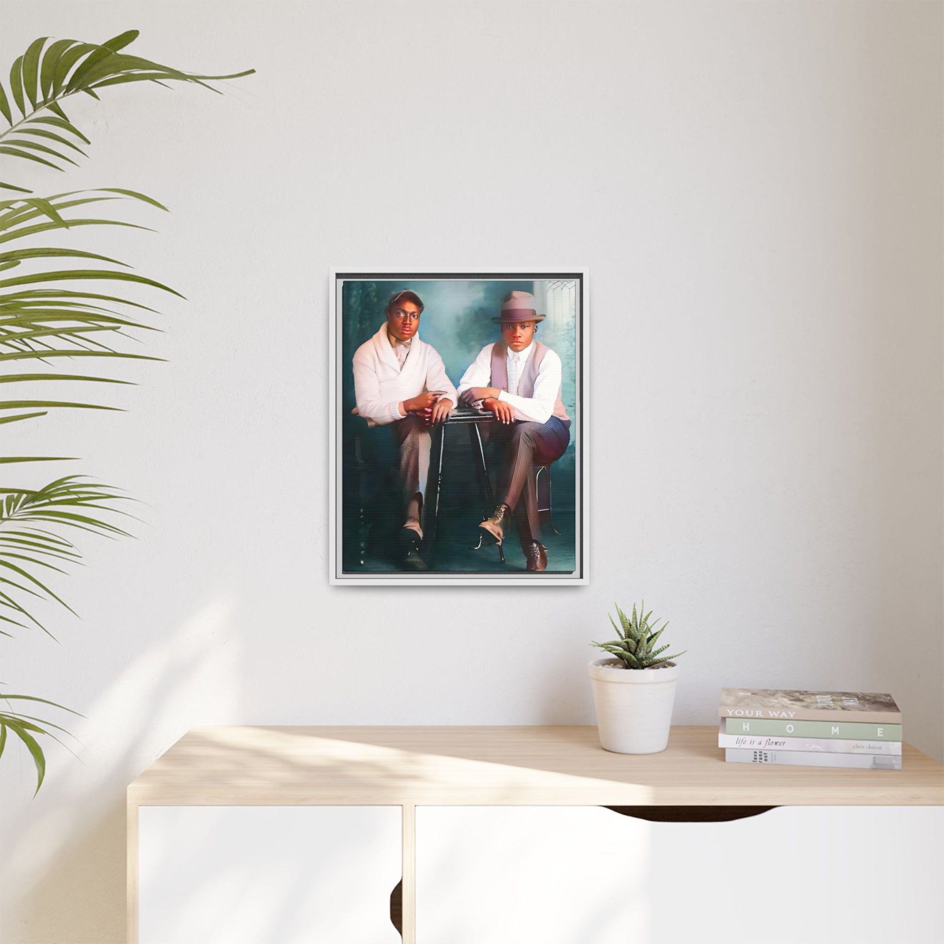 Restored vintage 1930s photo of Denzel & Jacob, African-American couple seated at a café in Little Rock AR, framed canvas art.