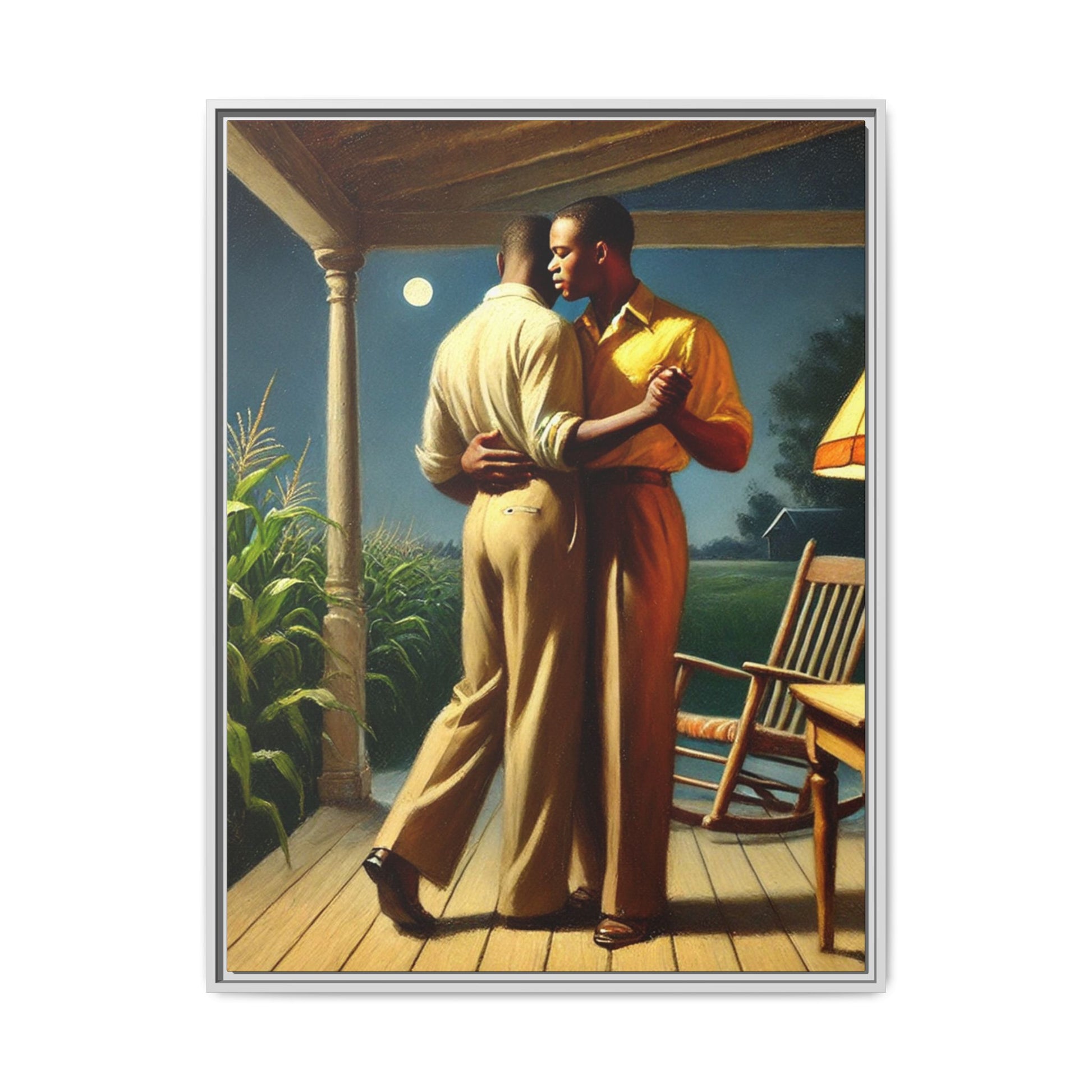 Artwork of an African-American gay couple dancing on a porch under the moonlight, inspired by Grant Wood’s style.