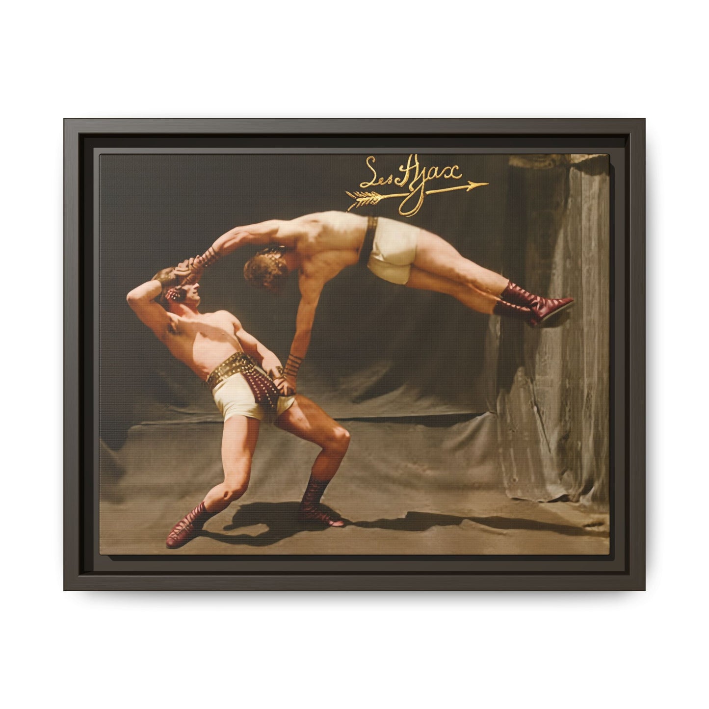 Vintage physical culture photograph with studio performance backdrop 