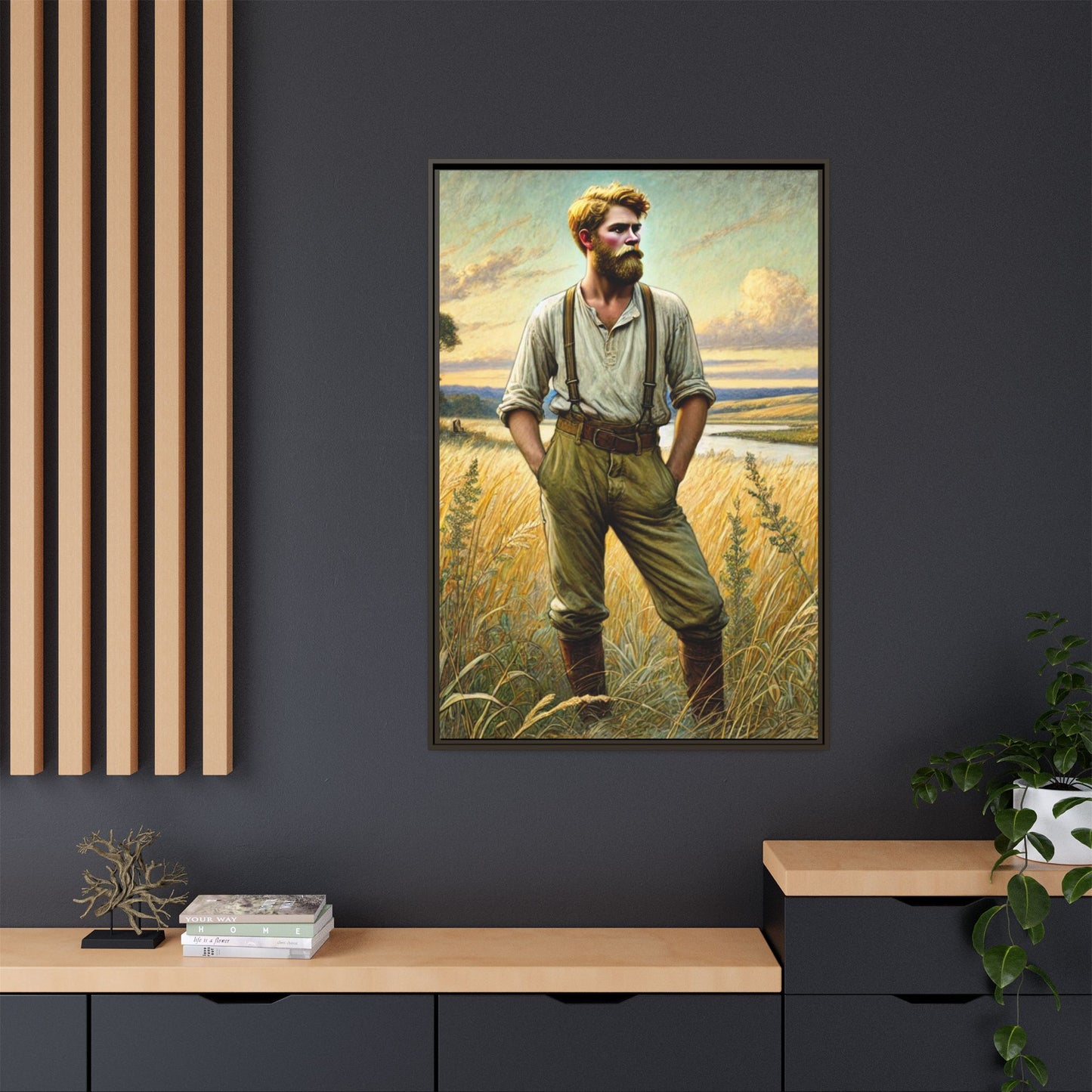 Framed artwork of a confident farmer in 19th-century attire, standing in a golden wheat field, inspired by Walt Whitman’s Song of Myself in Leaves of Grass.