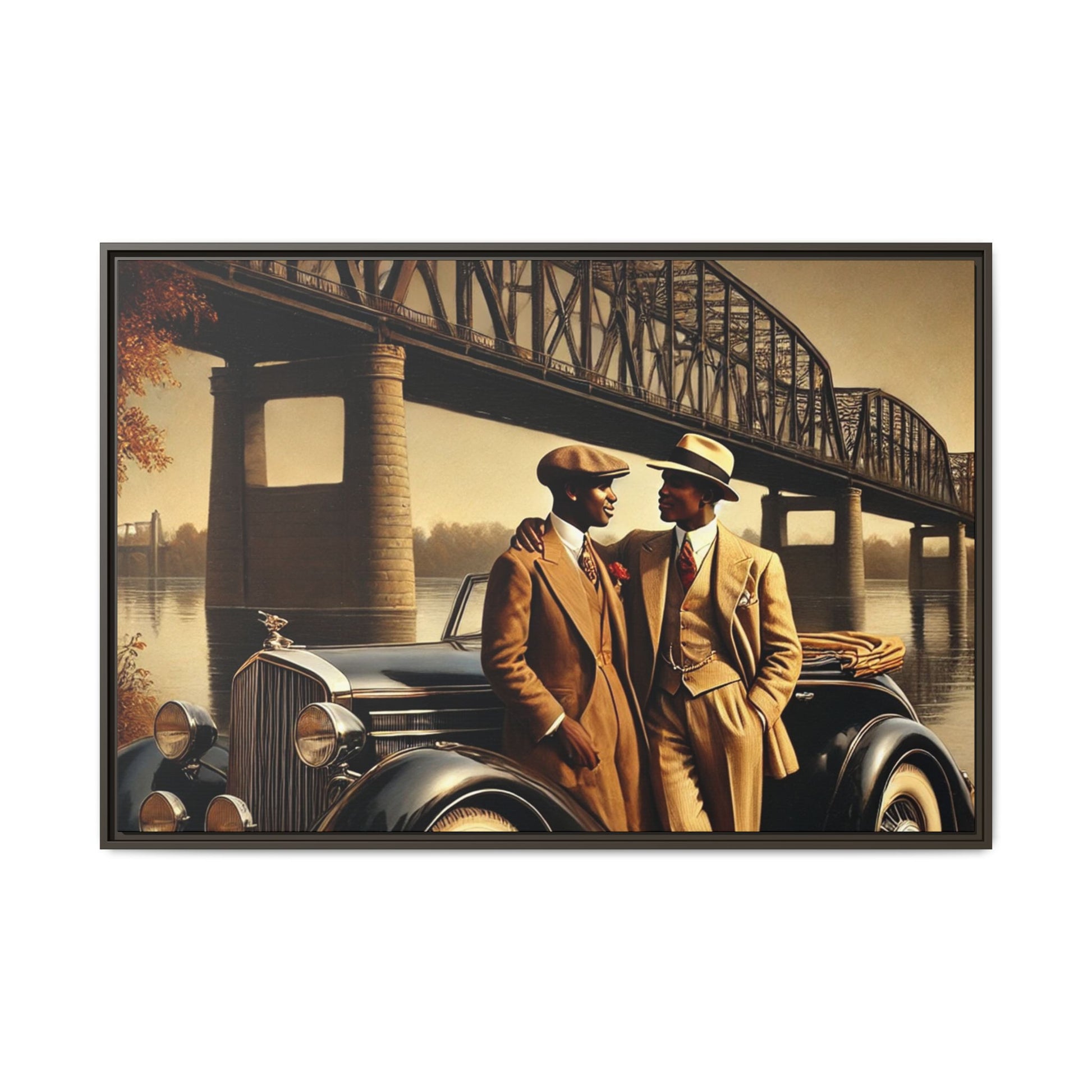 Vintage-style artwork of an African-American gay couple in the 1930s with a Packard car by the Mississippi River, celebrating love and inclusivity.