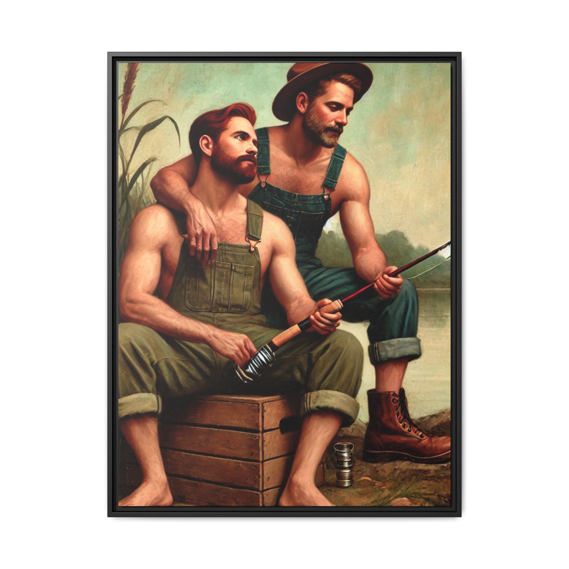 Vintage-style artwork of a gay couple fishing by a tranquil lake in the 1930s, celebrating love and nature.