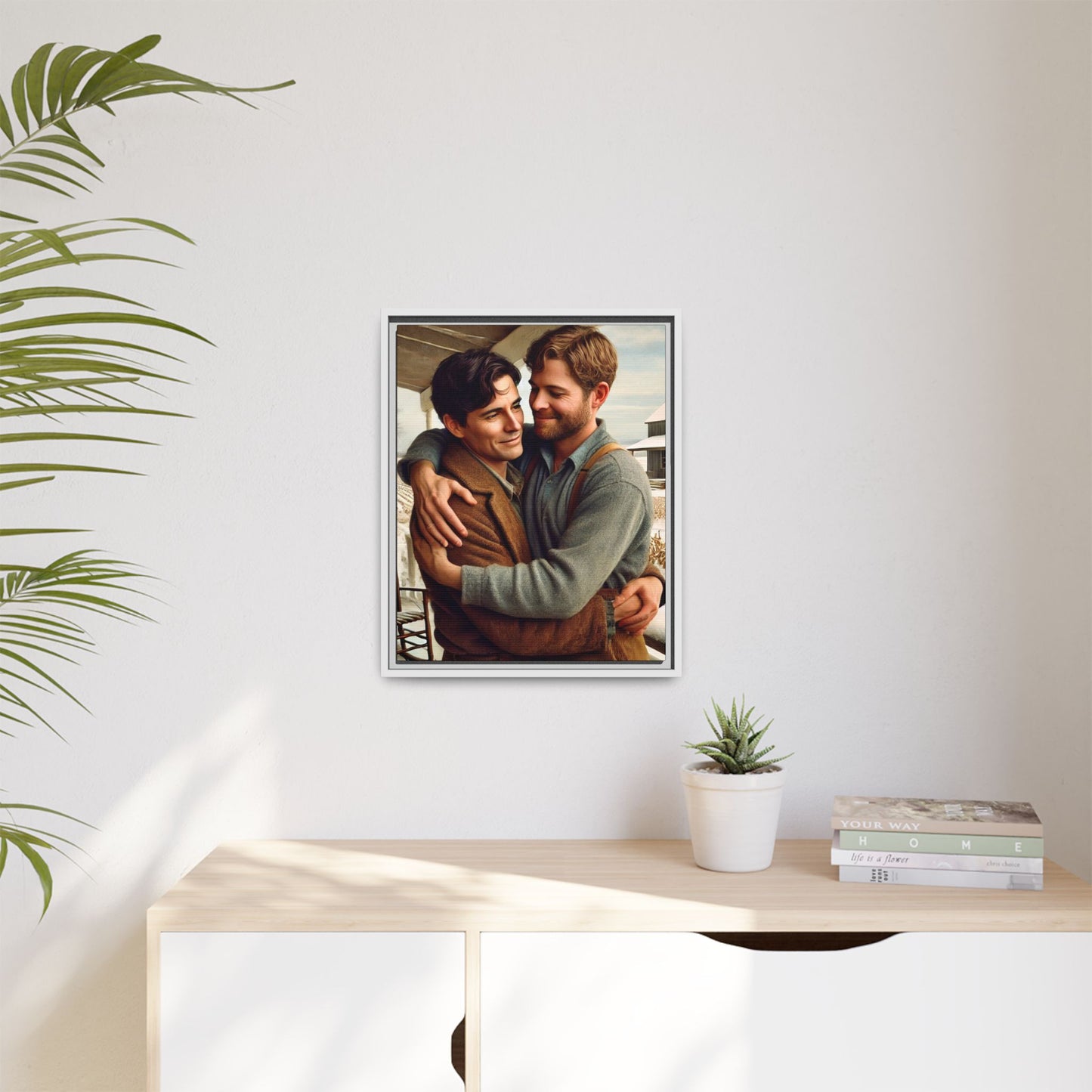 Artwork of a tender moment between two men embracing on a rustic farm porch in 1930s-style clothing. Set against a snowy, vintage rural backdrop, this image captures LGBTQ+ love and connection with a nostalgic Americana feel