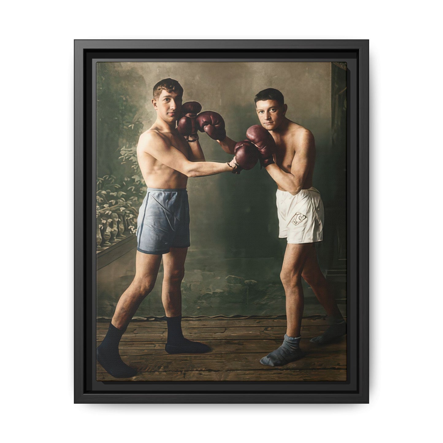 Vintage boxing portrait featuring two athletes with boxing gloves framed canvas wall art