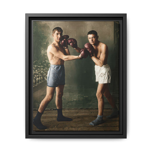 Vintage boxing portrait featuring two athletes with boxing gloves framed canvas wall art