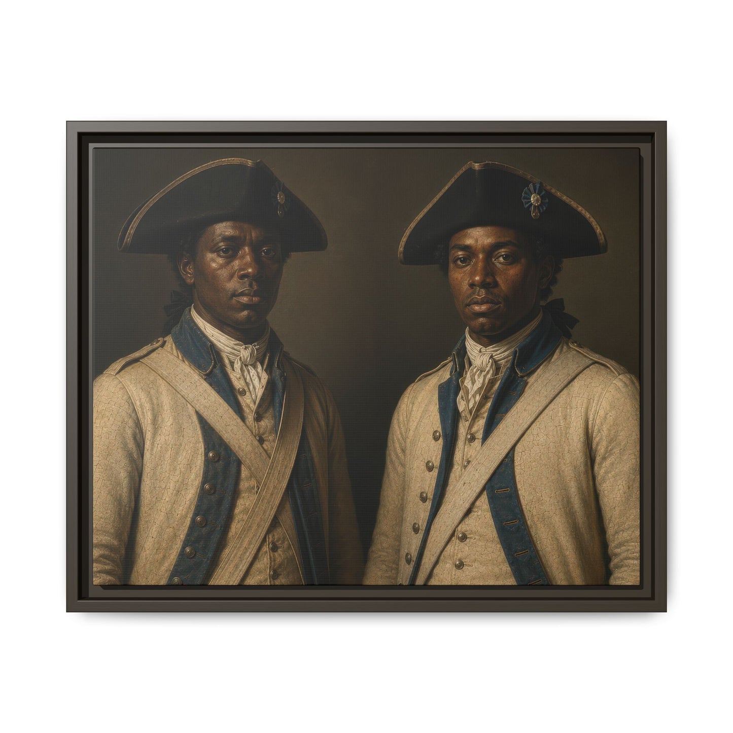 Formal portrait of two Black soldiers of the French Expédition Particulière wearing white uniforms and cocked hats during the Revolutionary War.