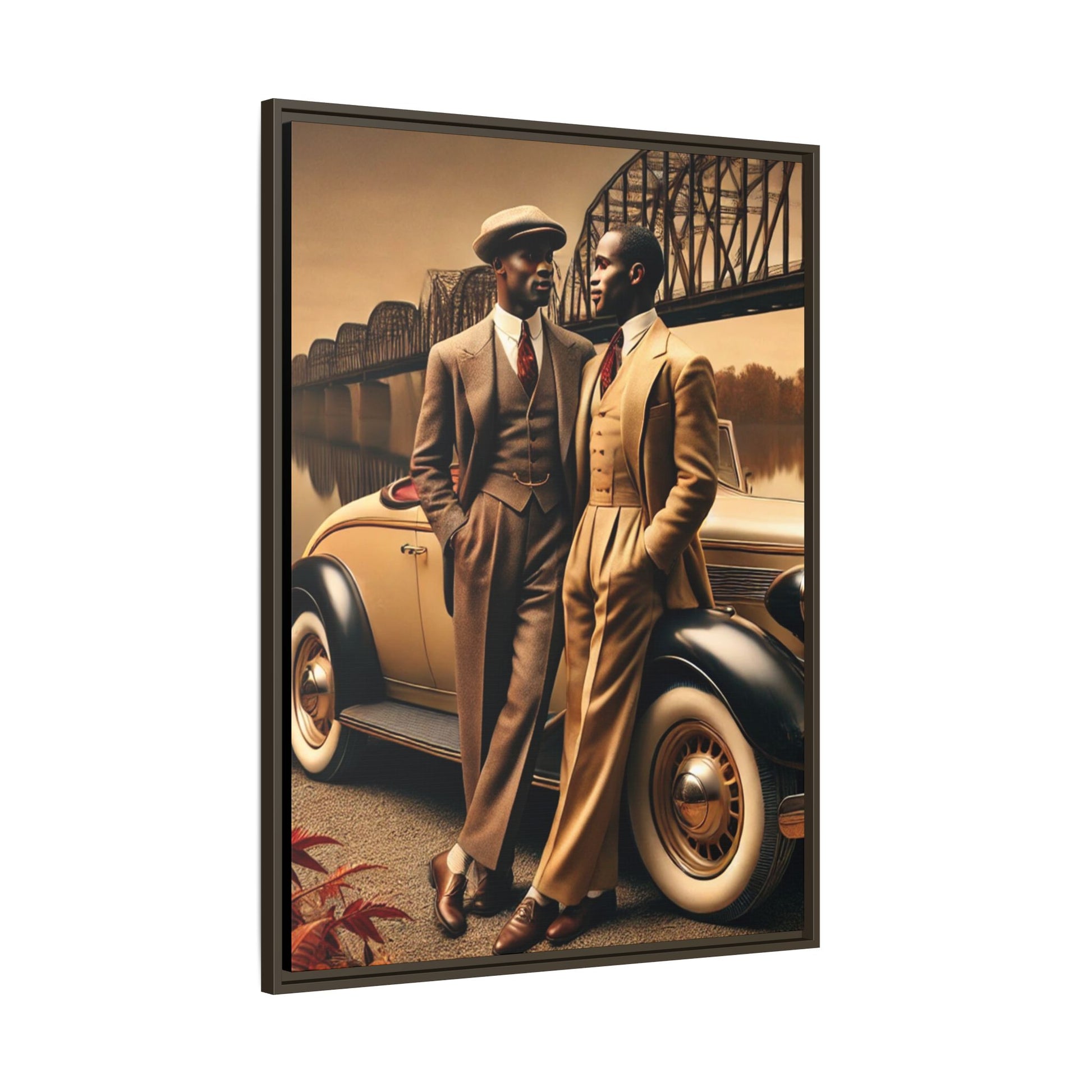 Vintage-style artwork of an African-American gay couple in the 1930s by the Mississippi River with a Packard car, celebrating love and resilience.