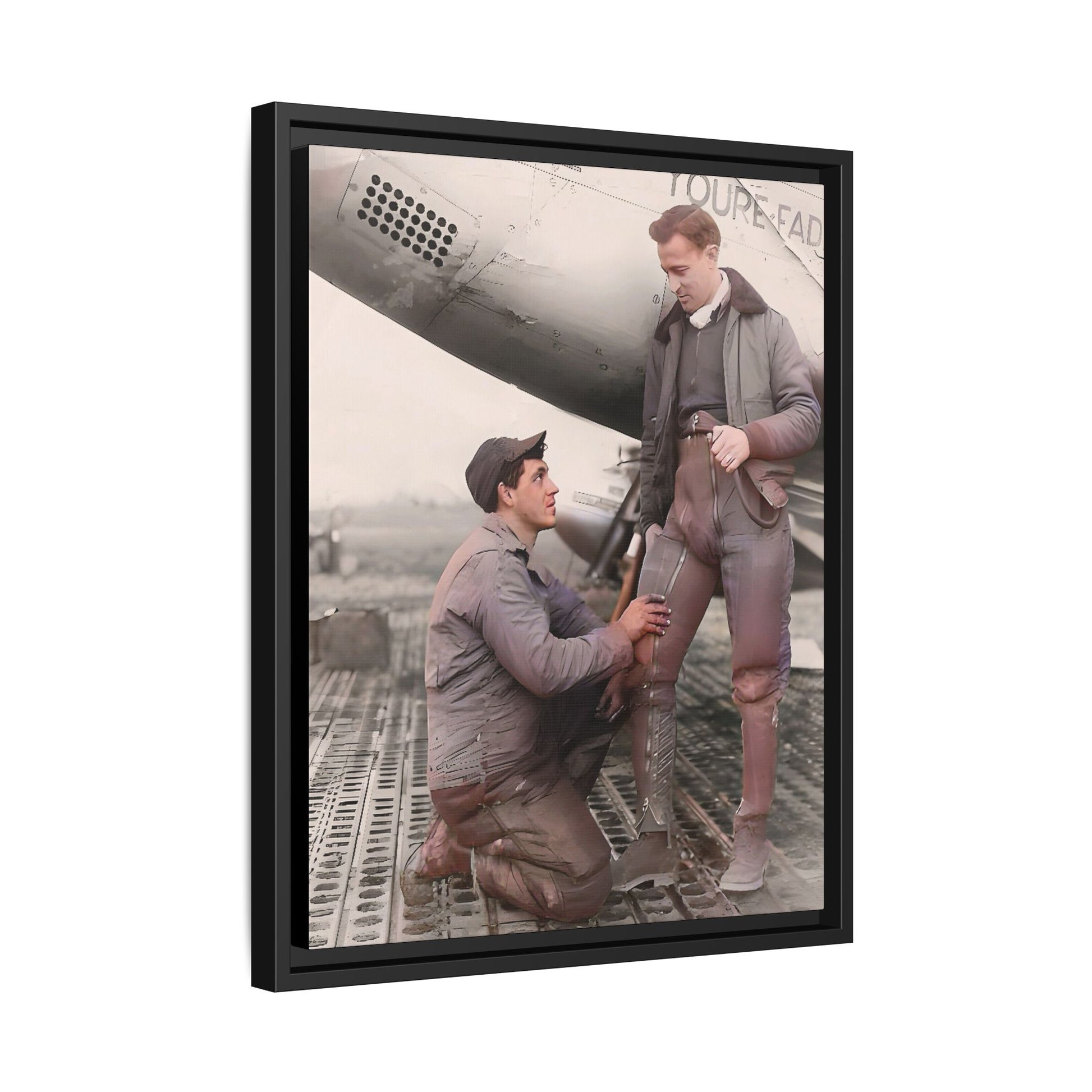 Restored vintage photo of Frank & Albert, a WWII pilot and mechanic on the USS Hornet, framed matte canvas art. US Airforce Gay Couple