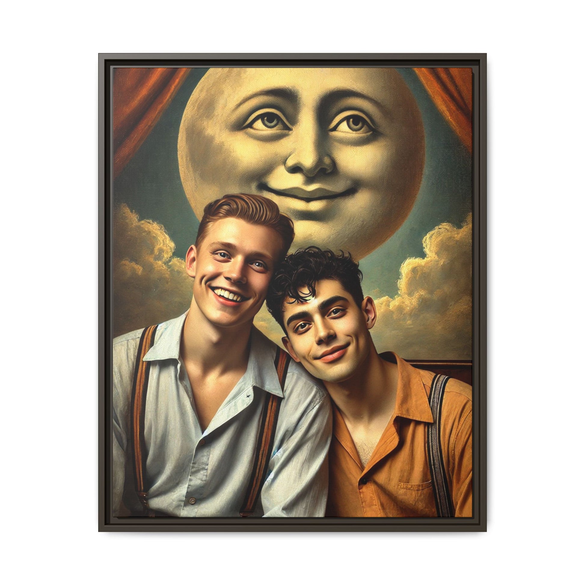 Framed artwork featuring a joyful queer couple in 1930s attire, seated close together beneath a smiling full moon in a theatrical studio setting. A celebration of reclaimed LGBTQ+ narratives in nostalgic portraiture.