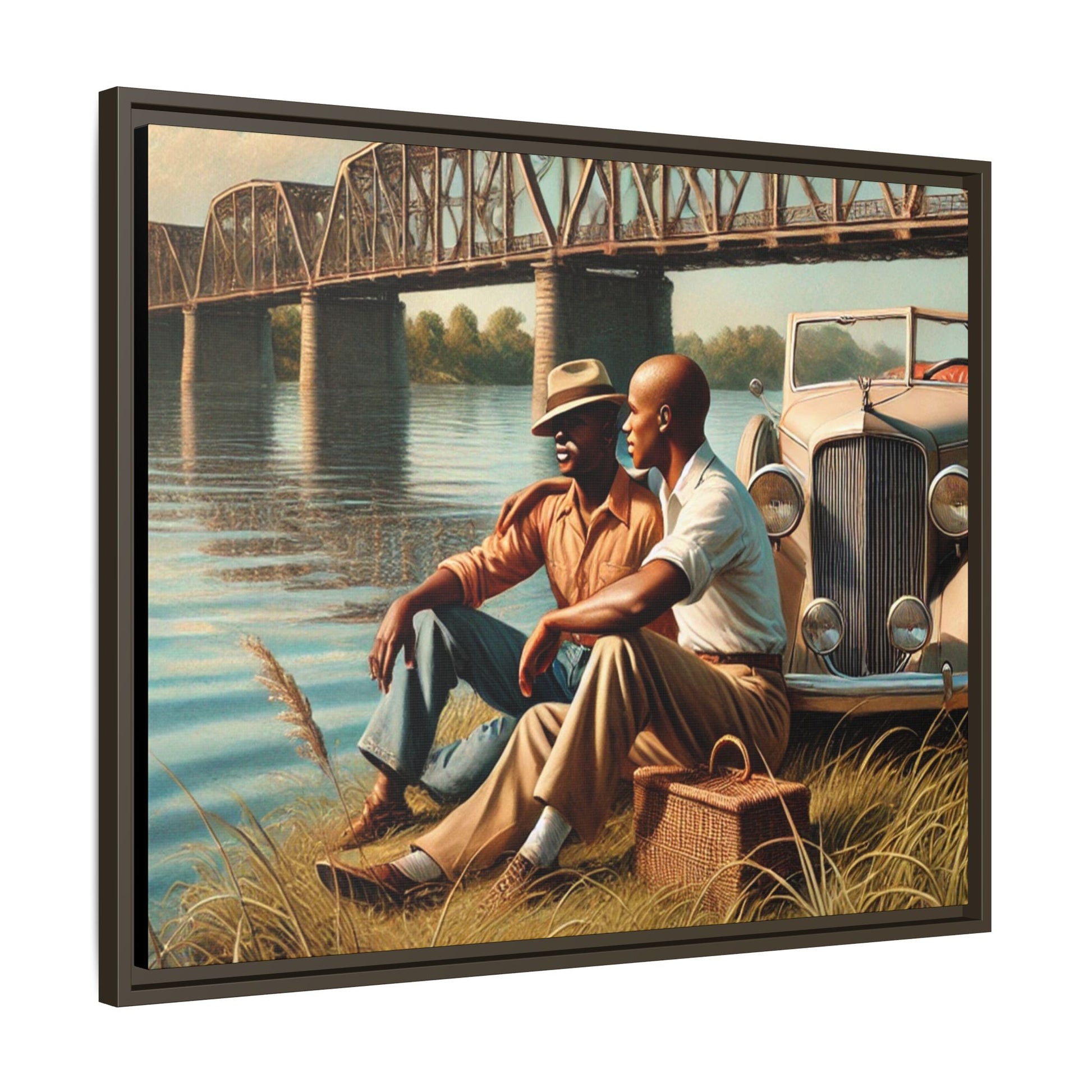 Vintage-style painting of an African-American gay couple in the 1930s by the Mississippi River with a Packard car, celebrating love and resilience.