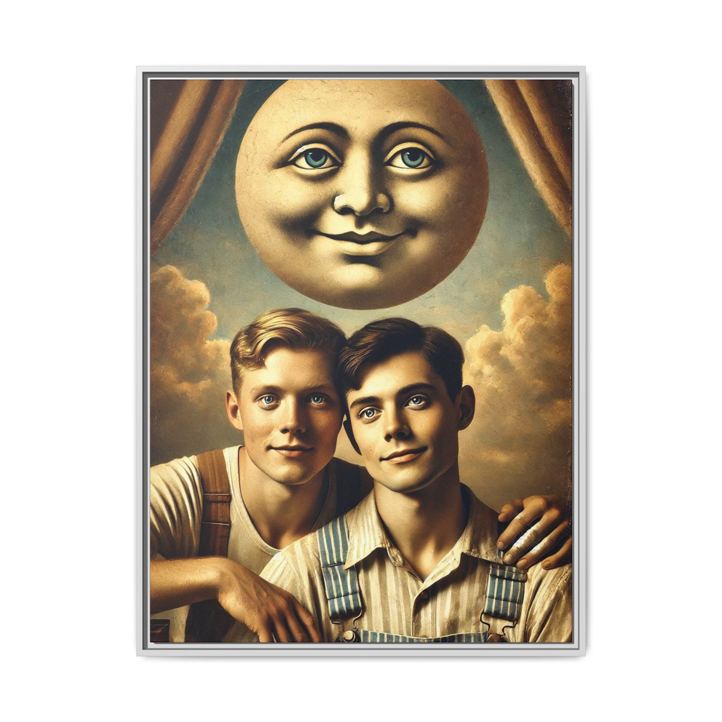 Framed matte canvas portrait featuring two young men in vintage overalls with a crescent moon prop above them. This artwork from the Missing Art Studies series reclaims LGBTQ+ imagery that may have been lost to bias, presenting warmth, intimacy, and presence.