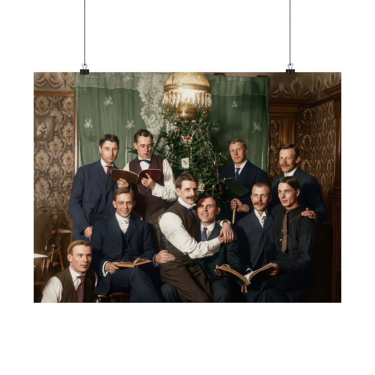  Vintage photography poster reproducing a circa 1905–1915 group portrait of nine men in an ornate Christmas-decorated interior.