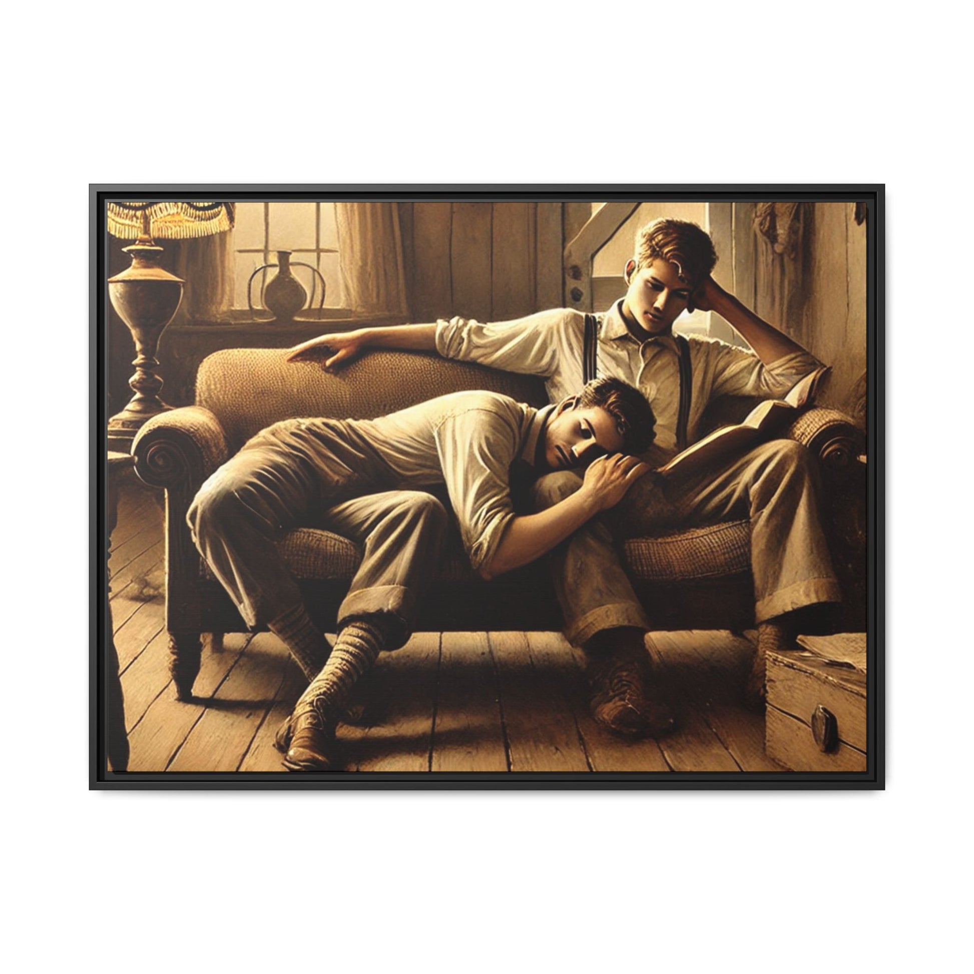 Art of a gay couple relaxing on a sofa in a rustic living room, inspired by Grant Wood’s Americana style.