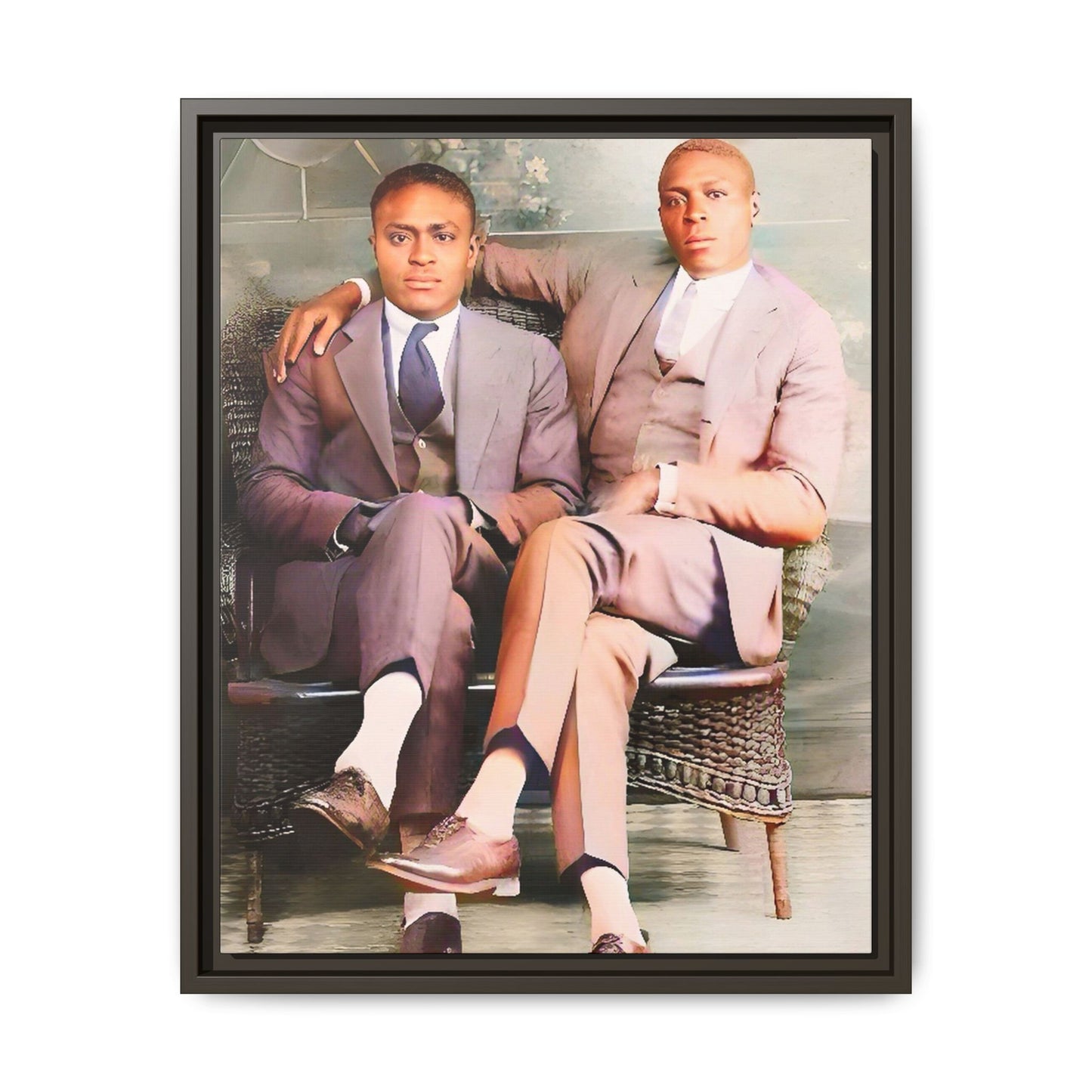 Restored vintage portrait of Walter & George, an African American gay couple seated in Birmingham AL, framed canvas art.