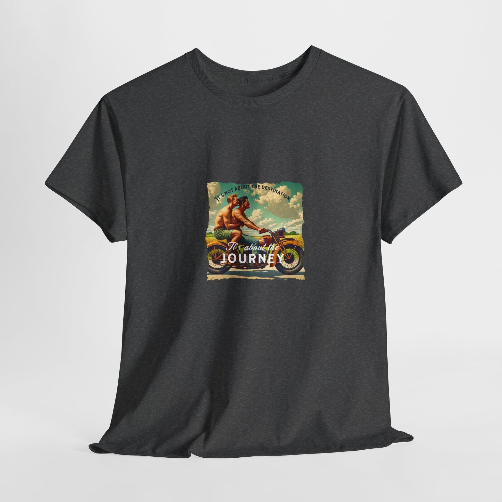 Vintage- Grant Wood-inspired graphic t-shirt featuring a 1930s gay couple with a motorcycle, symbolizing love, history, and the spirit of freedom.