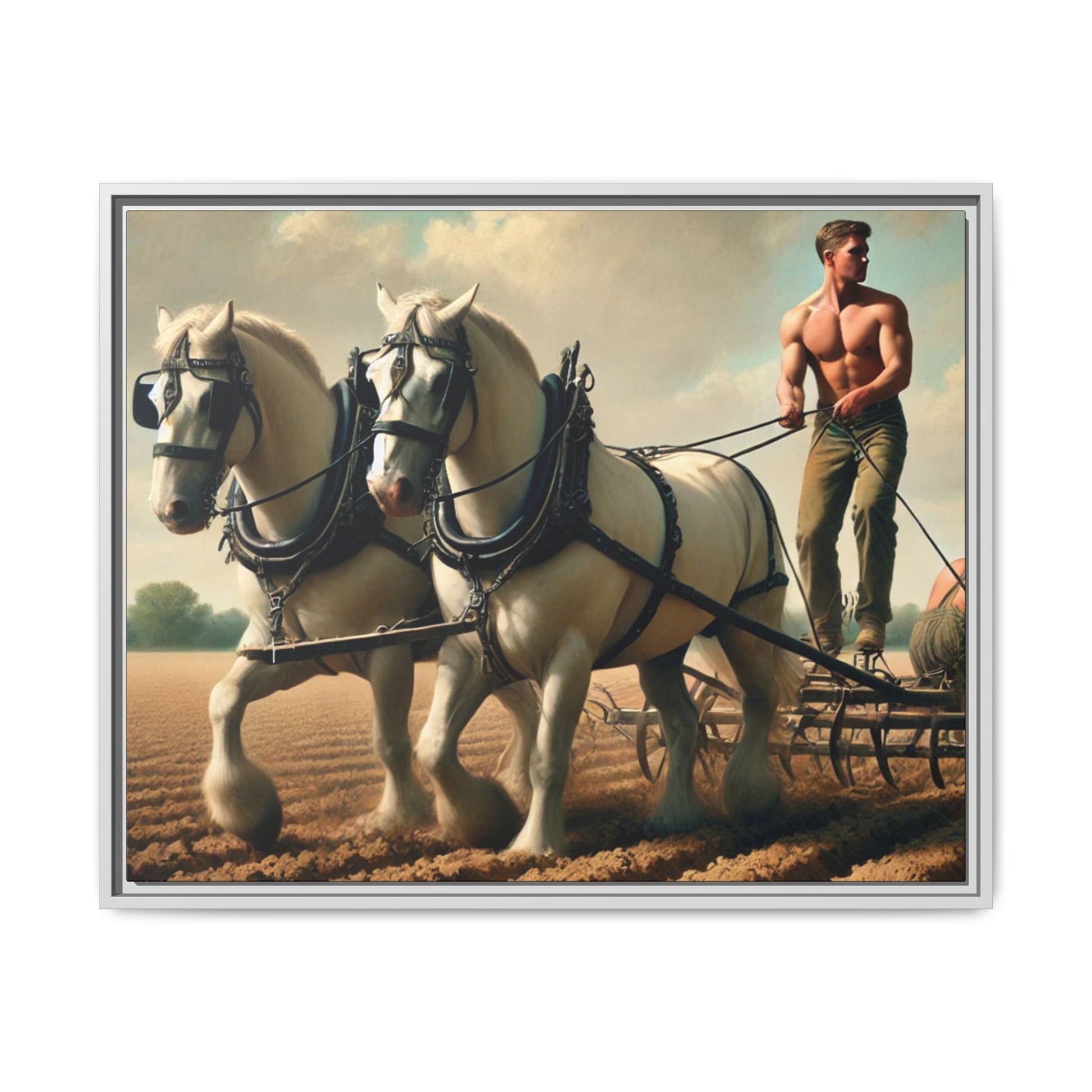 Vintage-style artwork of a shirtless man plowing a field with white horses, celebrating rural life and resilience.