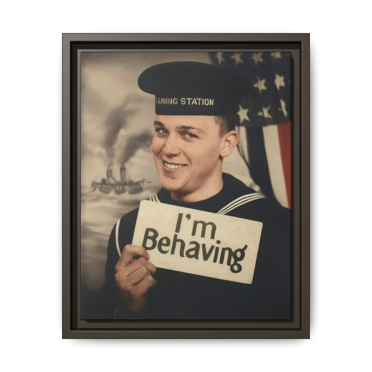 Man wearing a dark sailor cap with “Training Station” lettering and a striped collar, with painted ship and American flag imagery behind him.