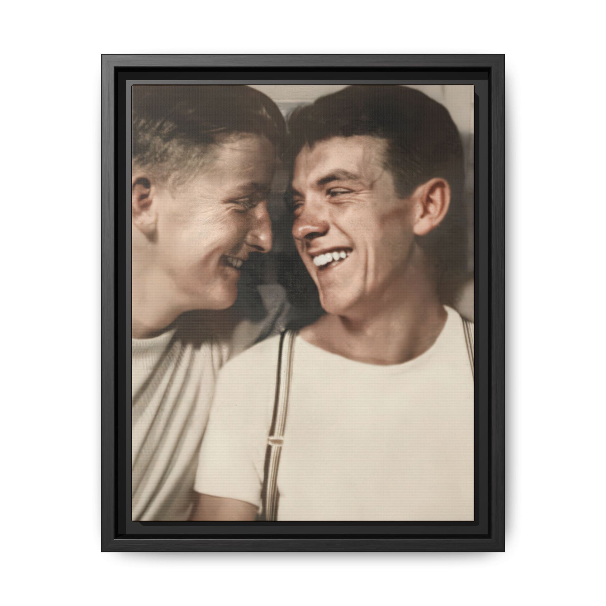 Mid-century photobooth double portrait framed canvas wall art featuring two smiling young men in close-up