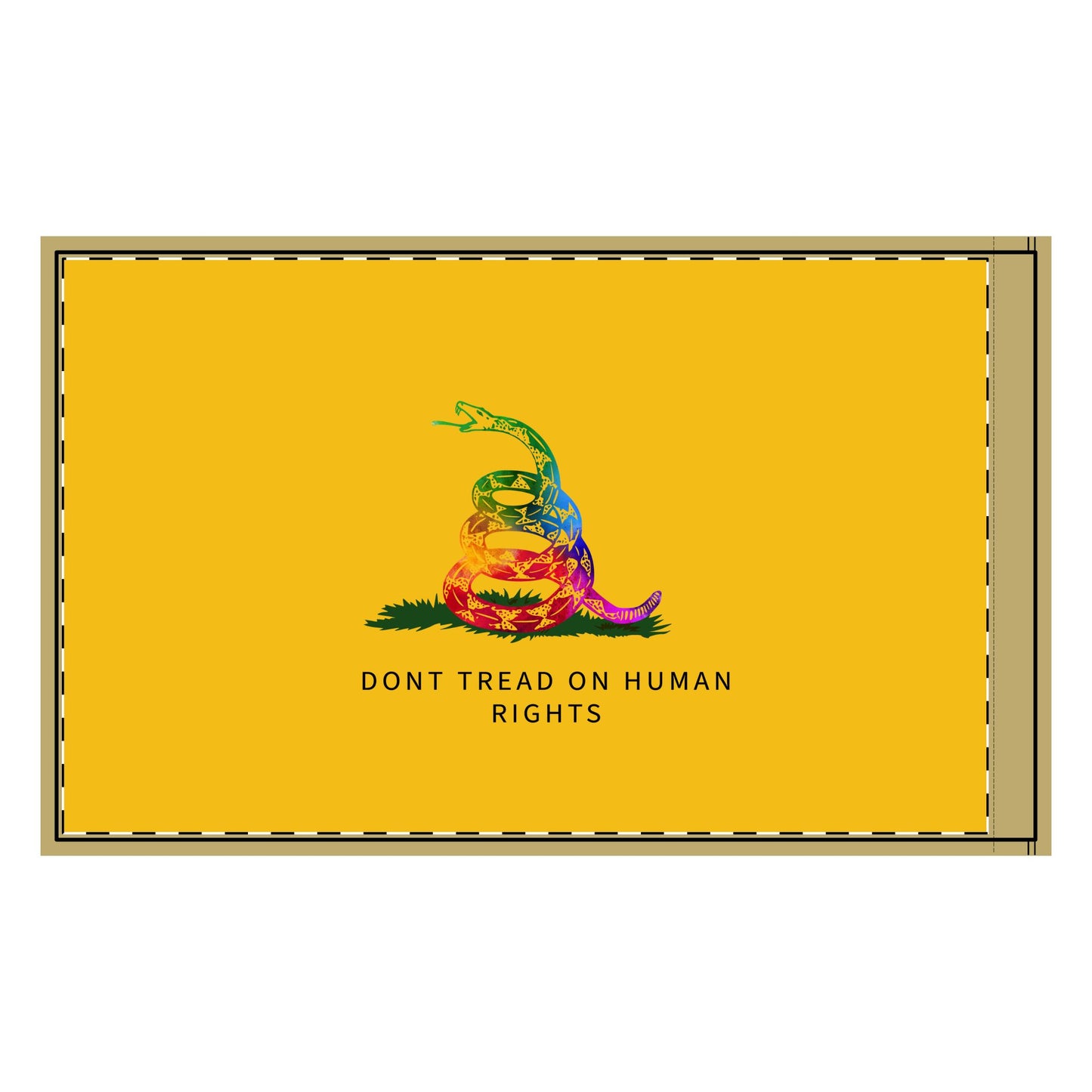 A vibrant reinterpretation of the Gadsden Flag featuring a coiled rainbow rattlesnake on a golden yellow background with the text "Don’t Tread on Human Rights," symbolizing inclusivity, equality, and justice. Don’t Tread on me. Gay Pride Flag