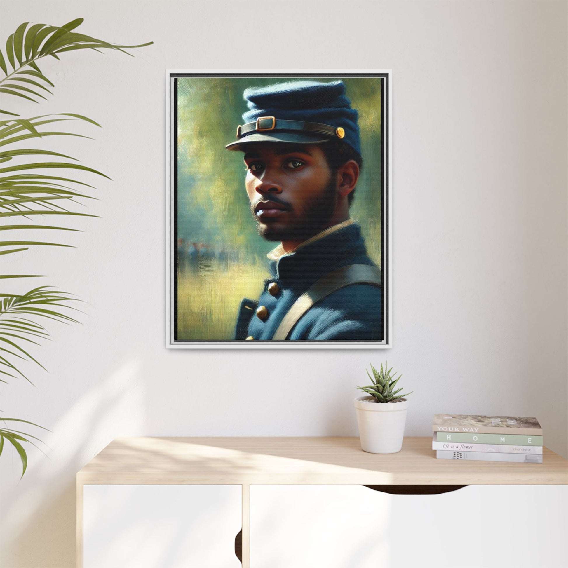 Portrait of an African American Civil War Union soldier in a kepi and navy wool coat, inspired by Walt Whitman’s Drum-Taps, honoring bravery, sacrifice, and resilience.