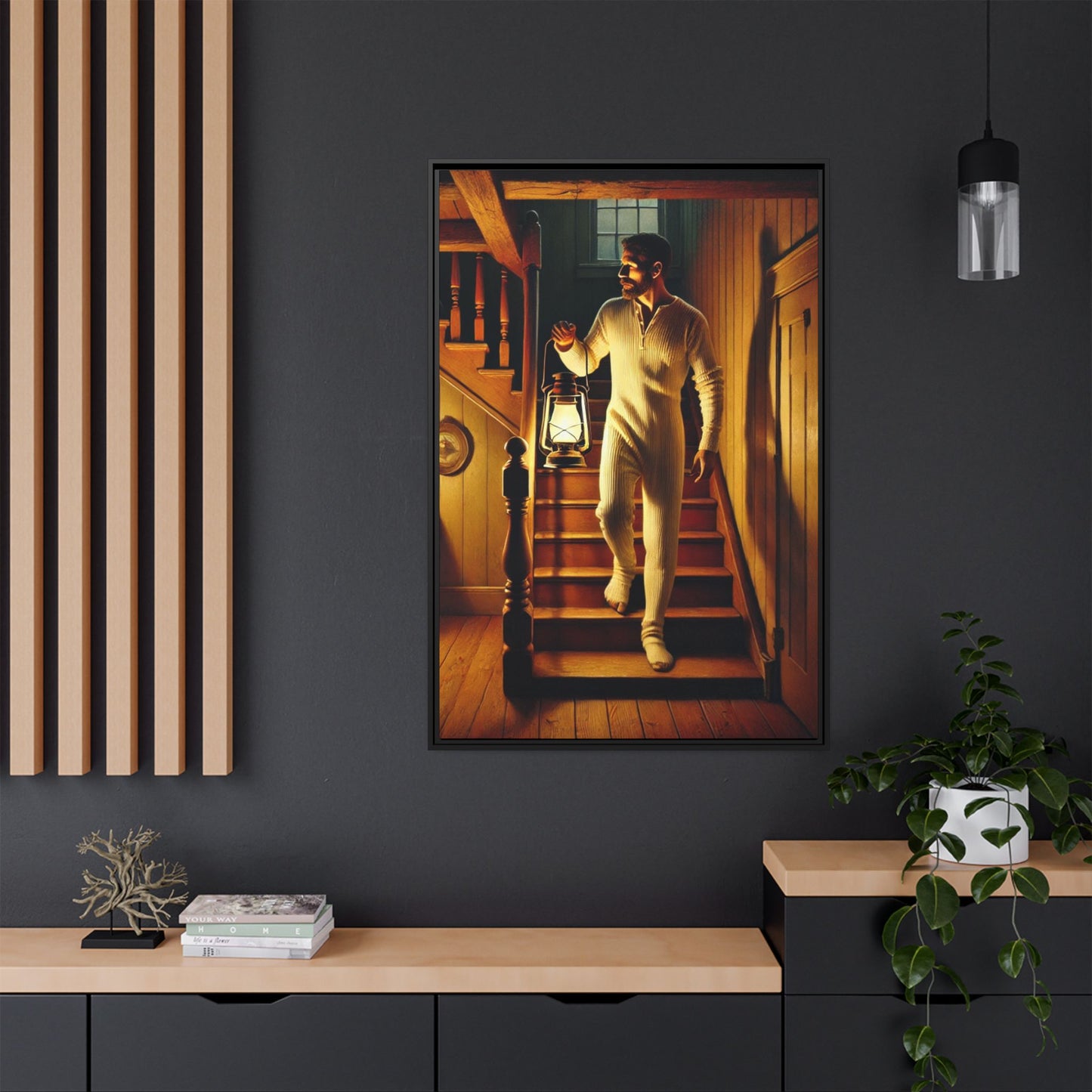 Atmospheric artwork of a man descending wooden stairs with a lantern, inspired by Grant Wood’s rural themes.