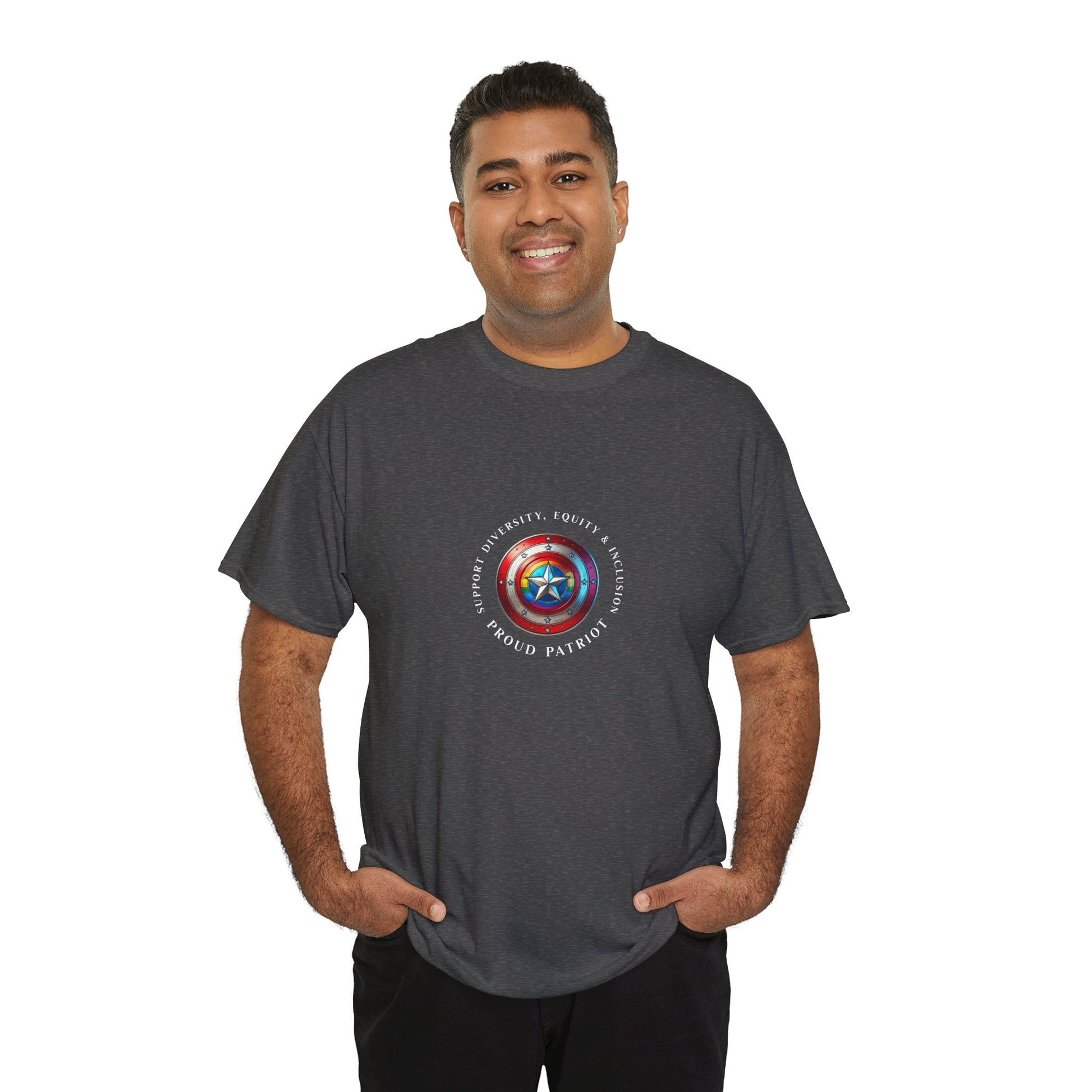 Vibrant DEI shield design on a unisex t-shirt celebrating diversity, equity, inclusion, and patriotism with a rainbow and star emblem.