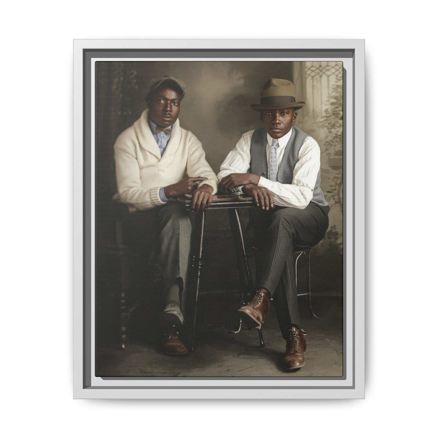 archival vintage portrait two men seated studio photograph canvas