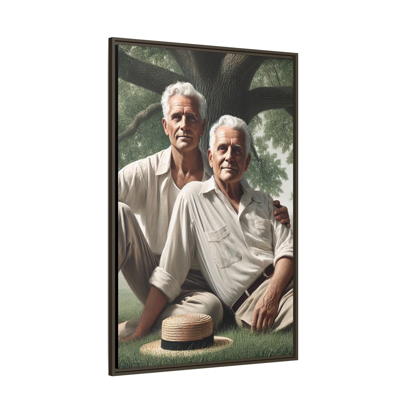 Hyper-realistic painting of an elderly gay couple in 1930s vintage attire under a leafy tree, celebrating love and resilience.