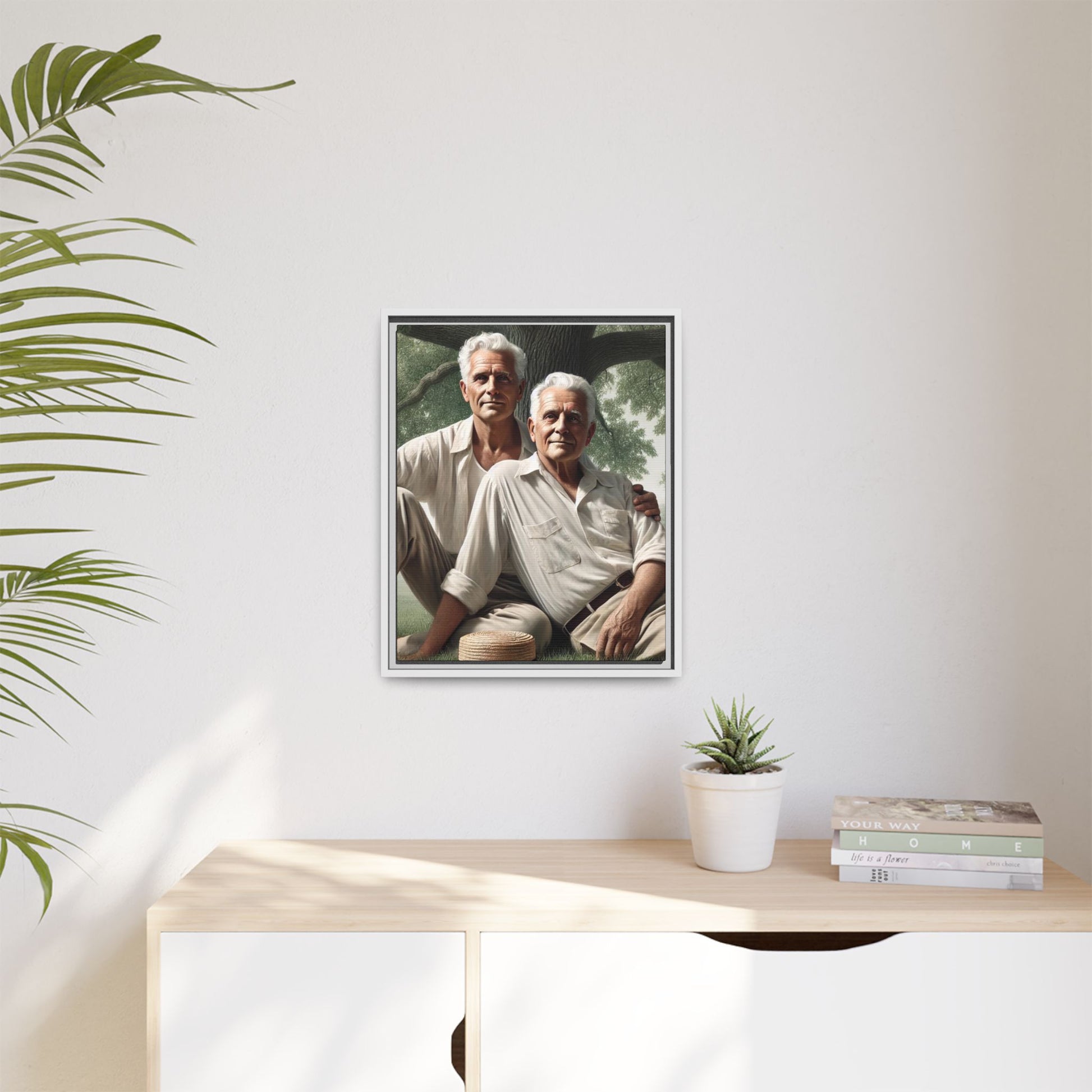 Hyper-realistic painting of an elderly gay couple in 1930s vintage attire under a leafy tree, celebrating love and resilience.