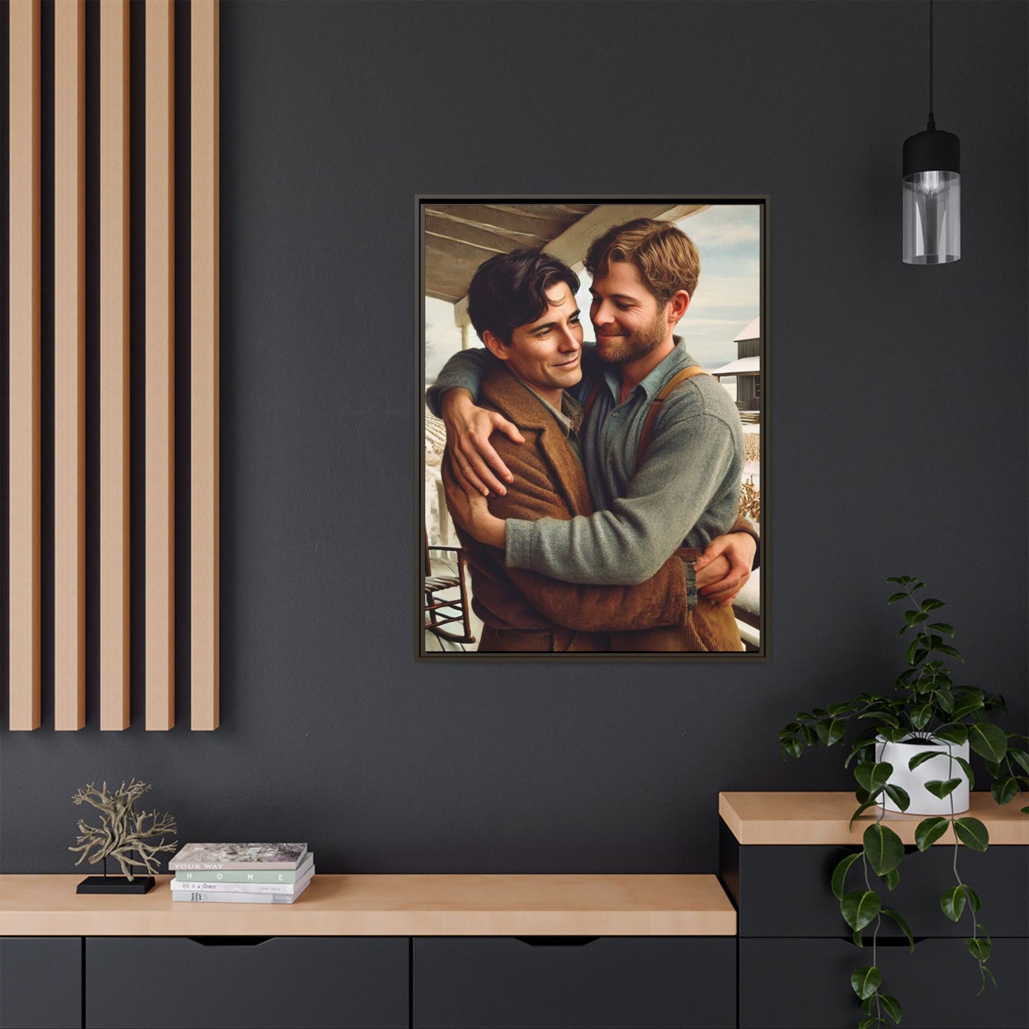 Artwork of a tender moment between two men embracing on a rustic farm porch in 1930s-style clothing. Set against a snowy, vintage rural backdrop, this image captures LGBTQ+ love and connection with a nostalgic Americana feel