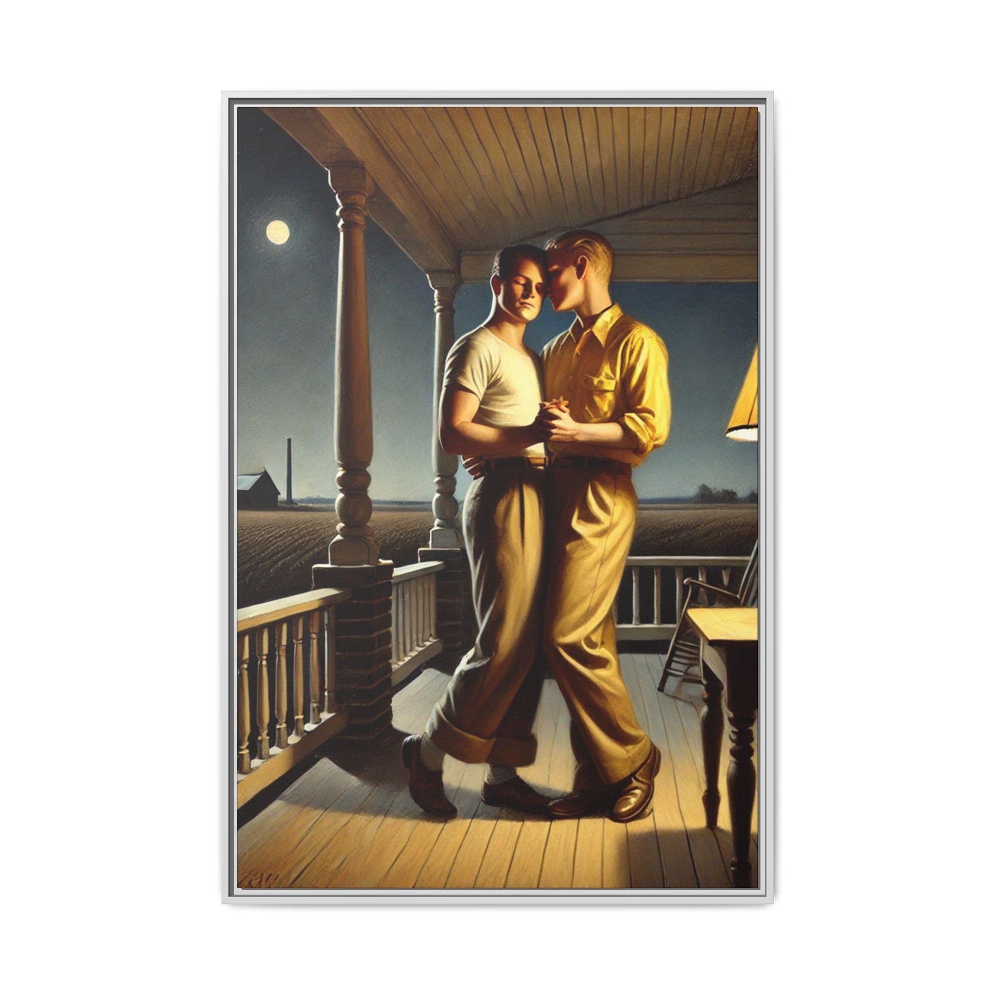 Artwork of a gay couple standing on a farmhouse porch under the moonlight, inspired by Grant Wood’s style.