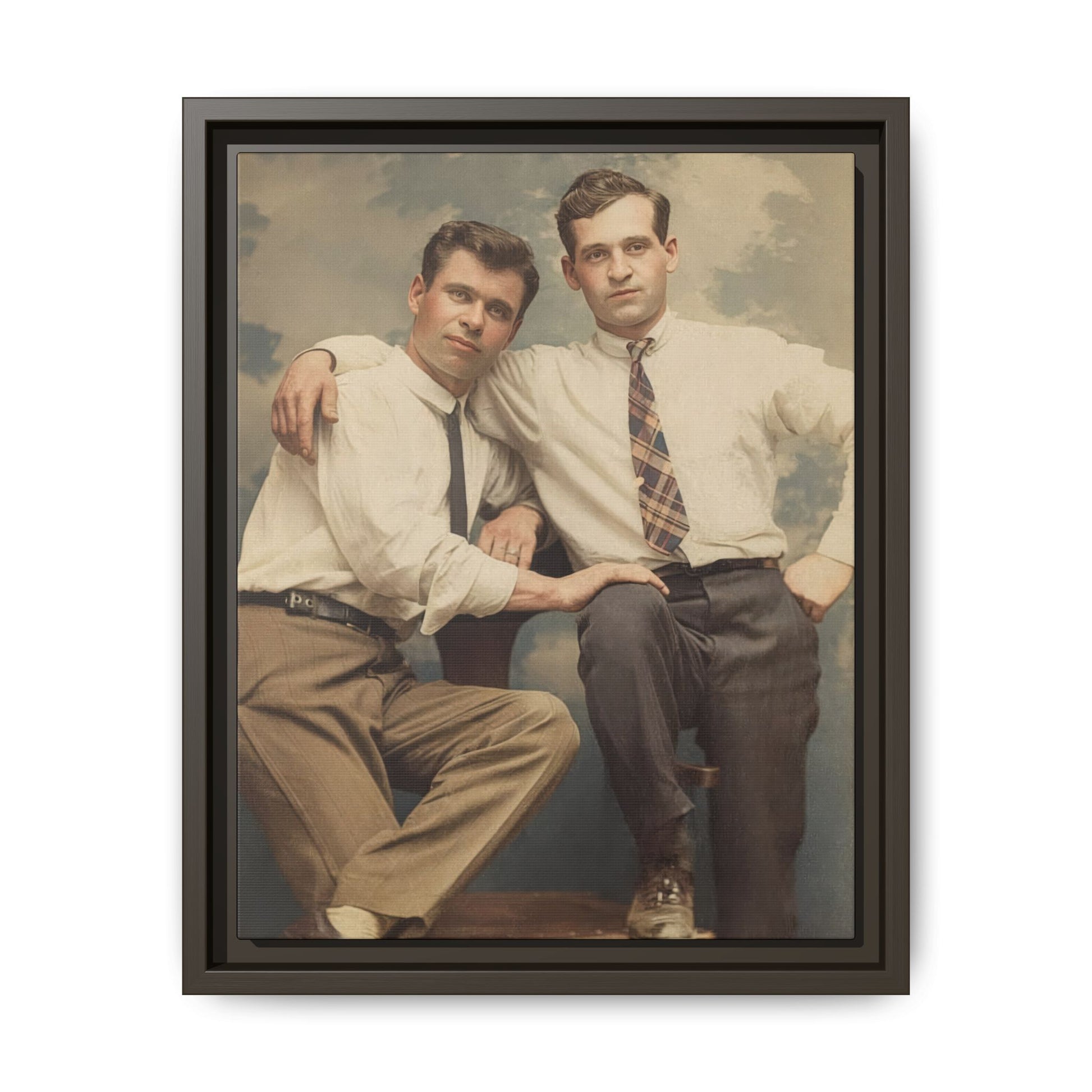 Vintage studio photograph wall art with two men in white shirts and ties in a relaxed portrait pose