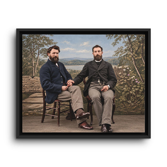 Late nineteenth-century double portrait of two men with full beards, dark tailored coats, waistcoats, and visible hand contact in a Victorian studio setting.